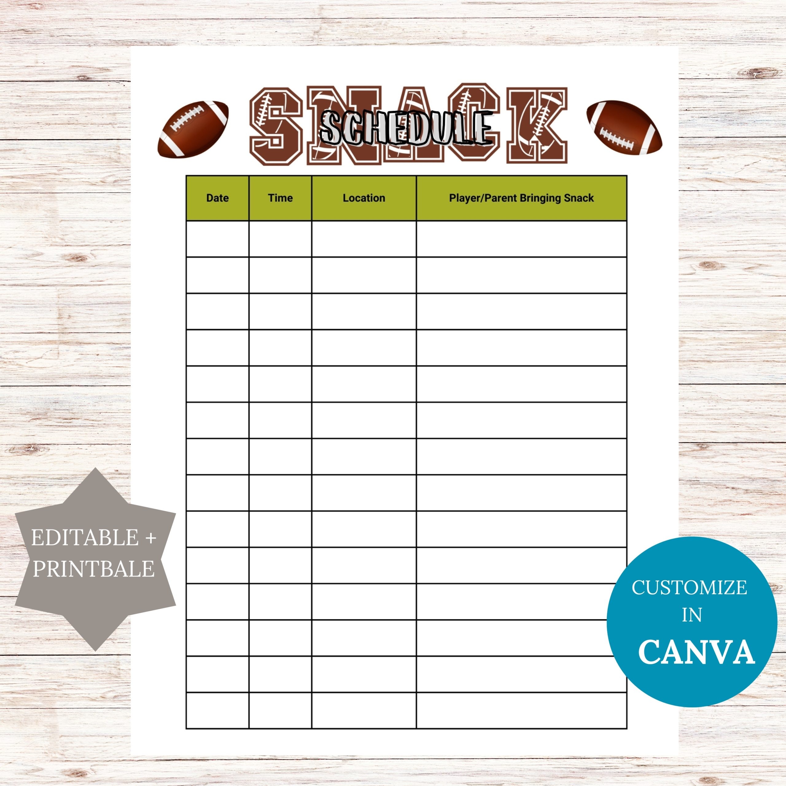 Editable Football Snack Sign Up Sheet Printable Instant Download 
