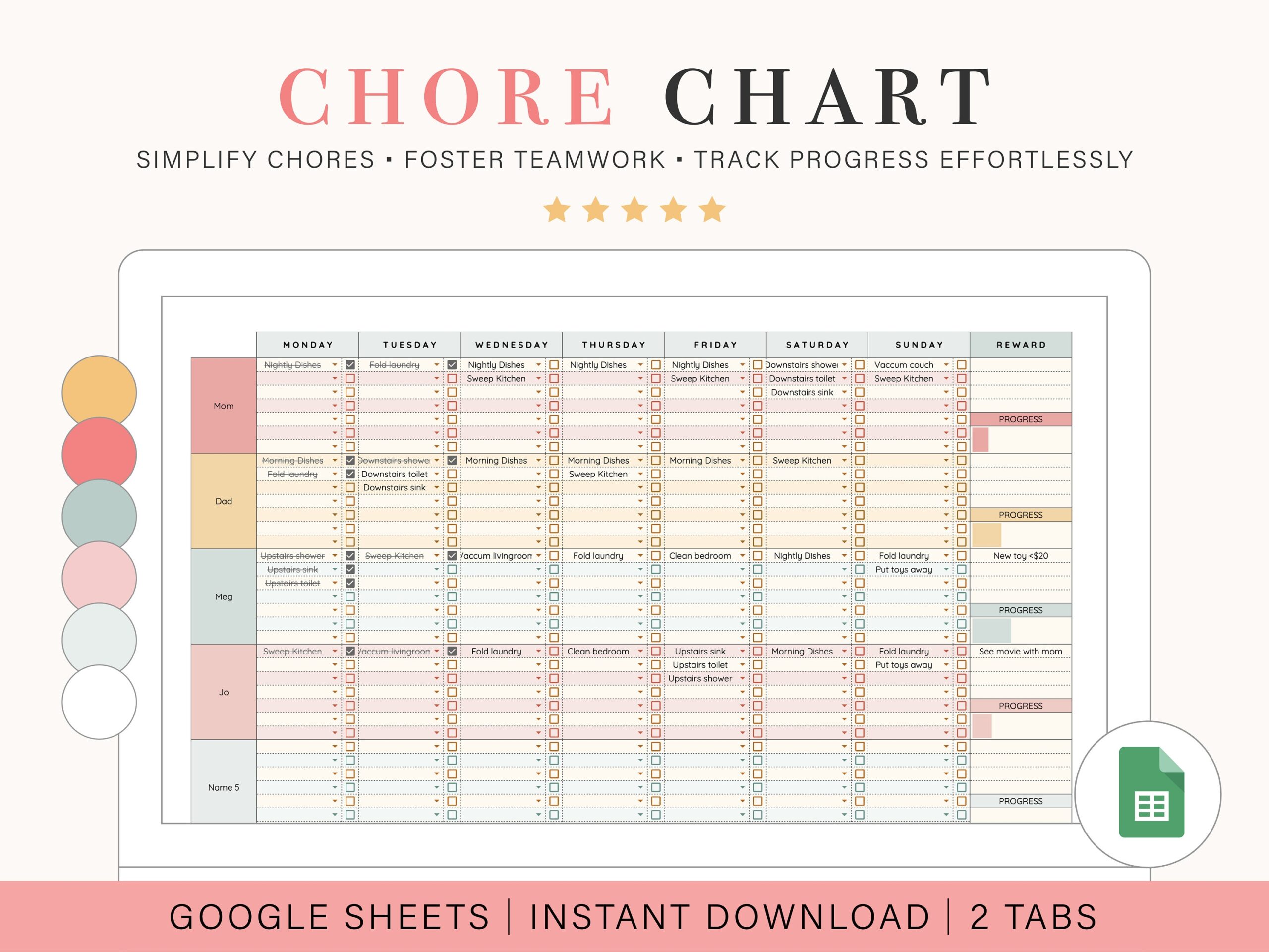 Family Chore Chart Google Sheets Spreadsheet Template Digital 