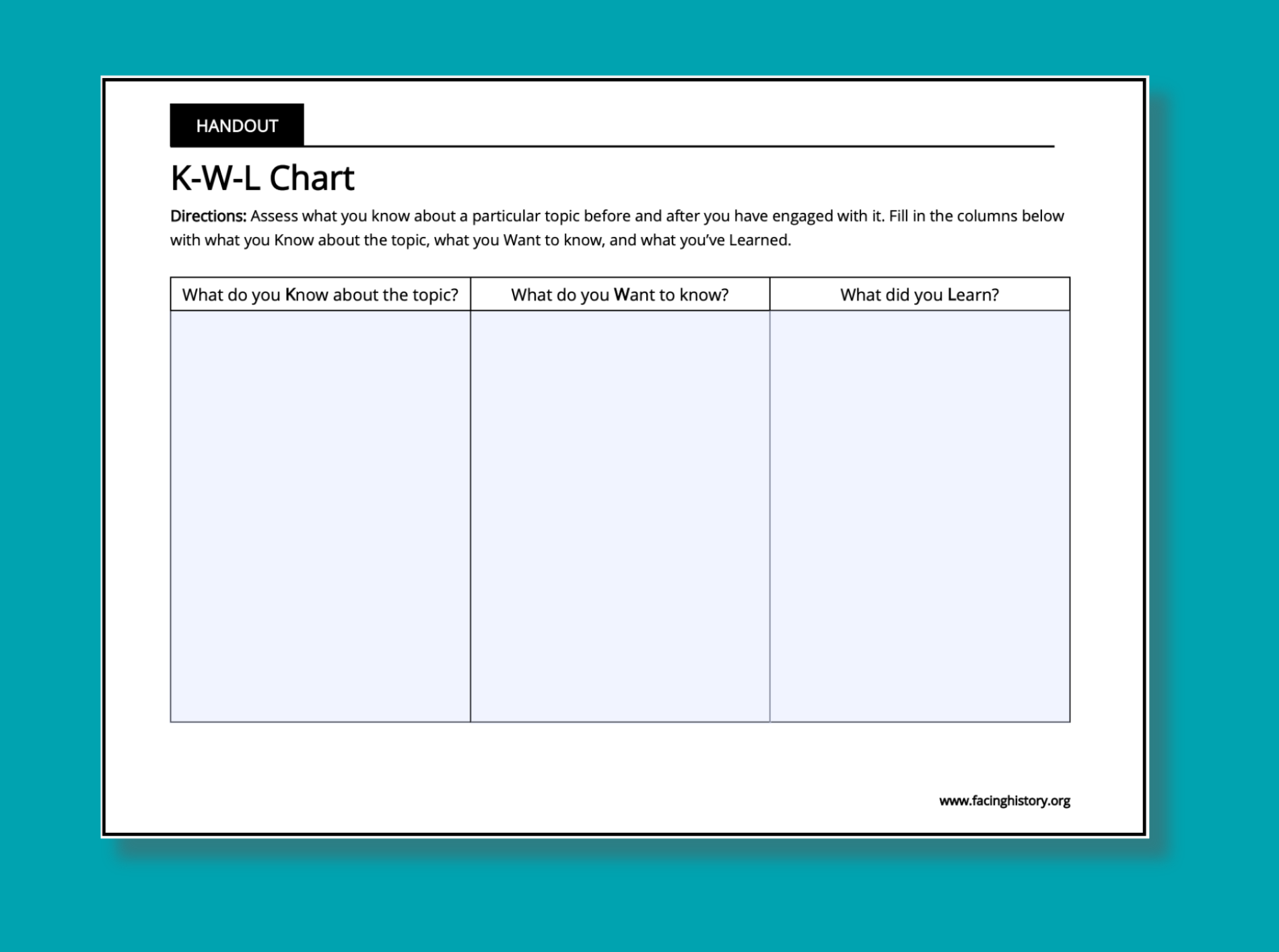 K W L Charts Teaching Strategy Facing History U0026 Ourselves