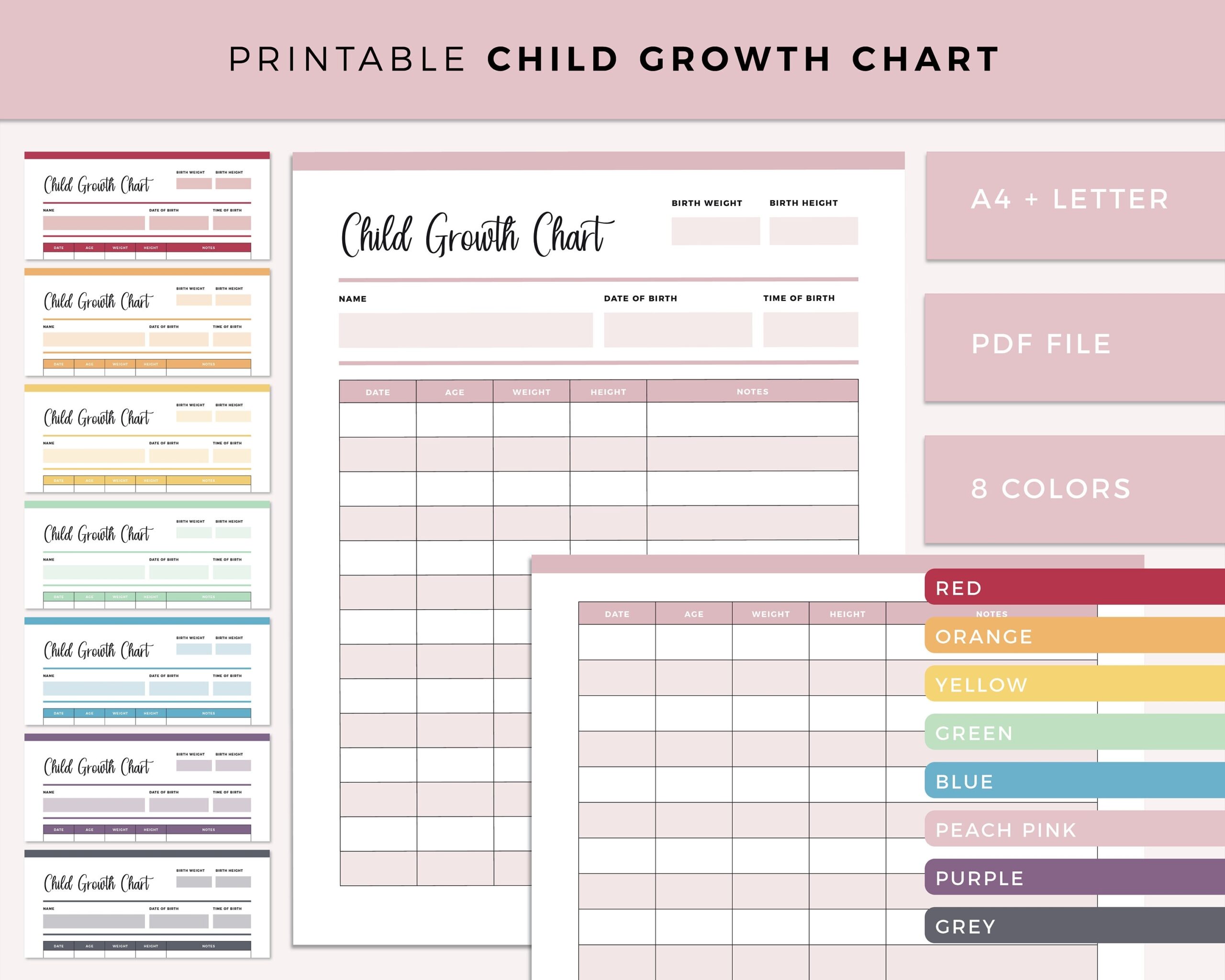 Printable Child Growth Chart Kid Size And Height Tracking Sheet Weight Tracking Growth Tracker Ready To Print A4 And US Letter Size Etsy