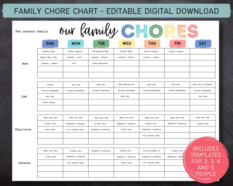 Printable Editable Weekly Family Chore Chart Family Planner Weekly Household Calendar Family Routine Chart Kids Chore 612MD Etsy UK