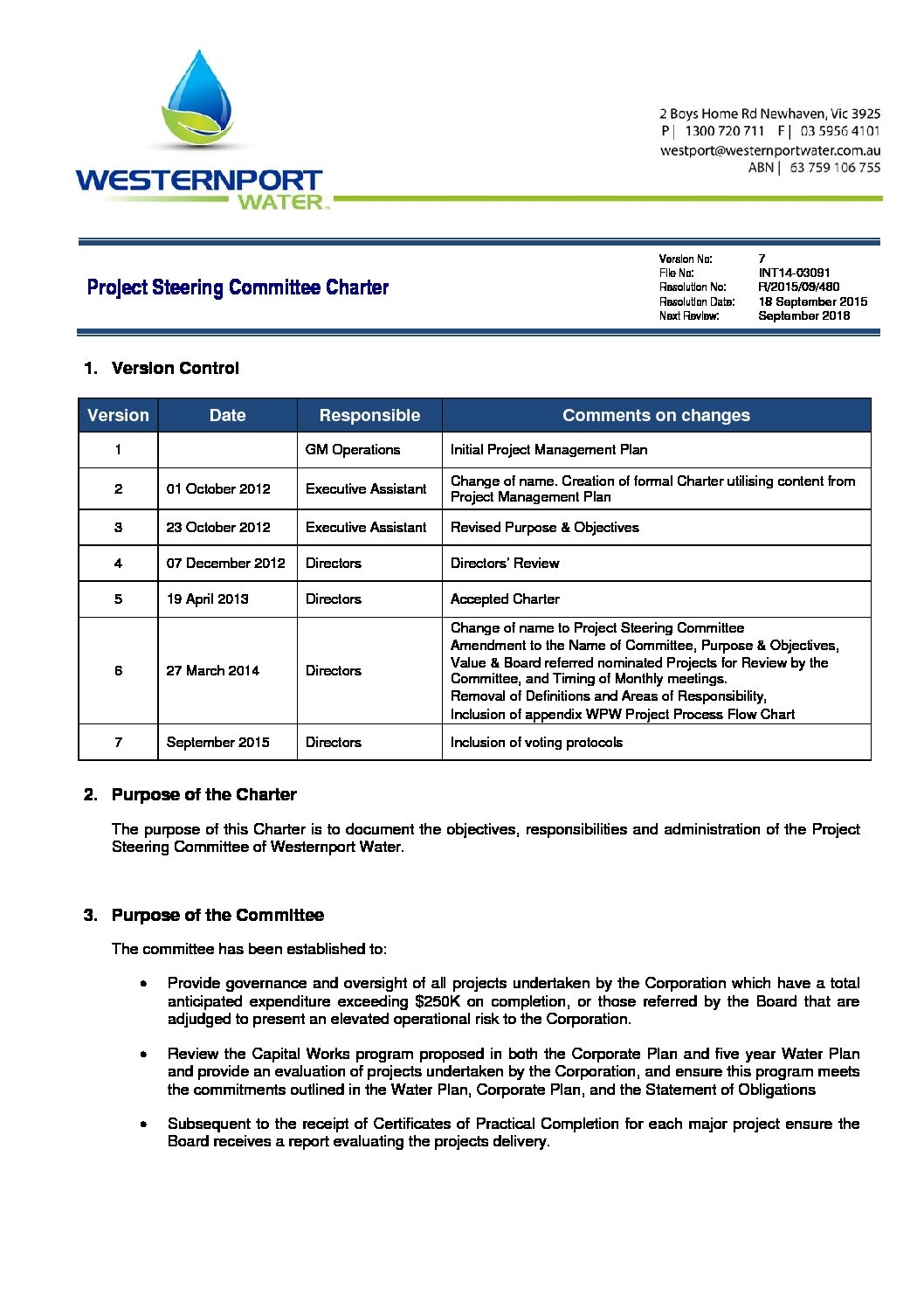 Project Steering Committee Charter Westernport Water
