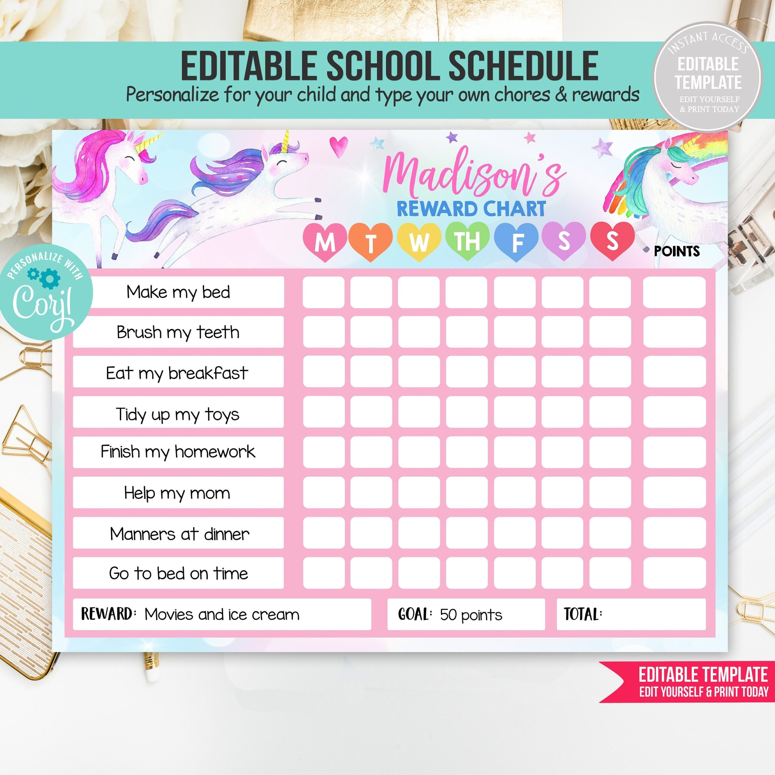 Unicorn Reward Chart EDITABLE Template Reward Chart For Kids 