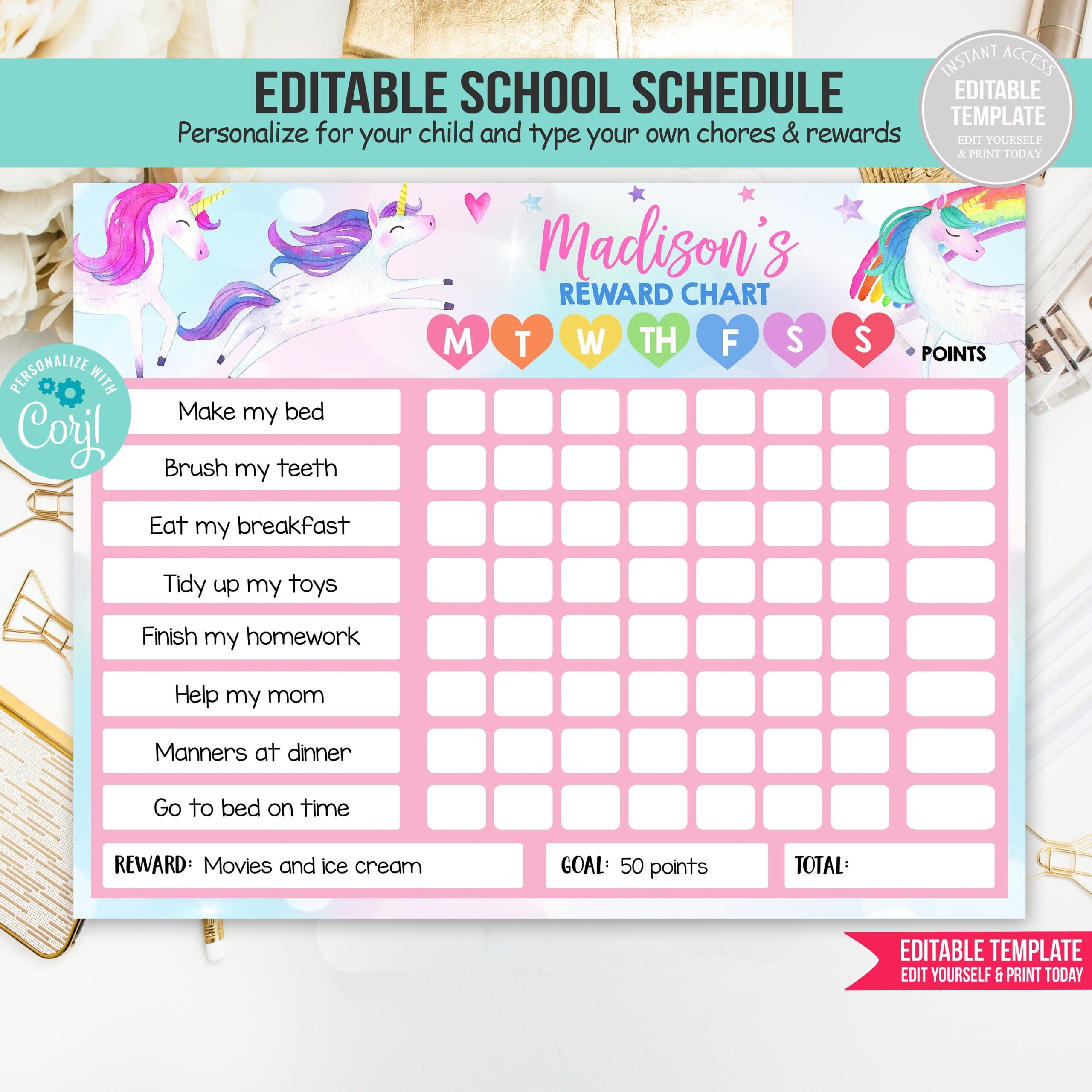 Unicorn Reward Chart EDITABLE Template Reward Chart For Kids Unicorn Routine Chart Kids Responsibility Chore Chart PRINTABLE DOWNLOAD Etsy