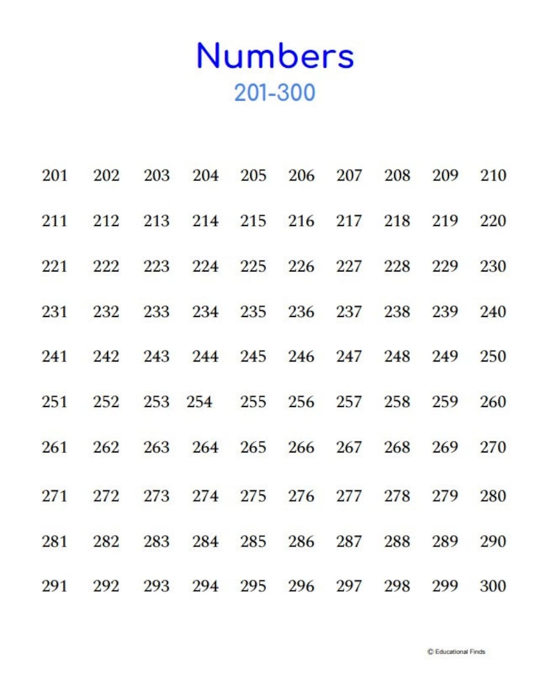 200 Chart Numbers 201 300 digital Printable Etsy