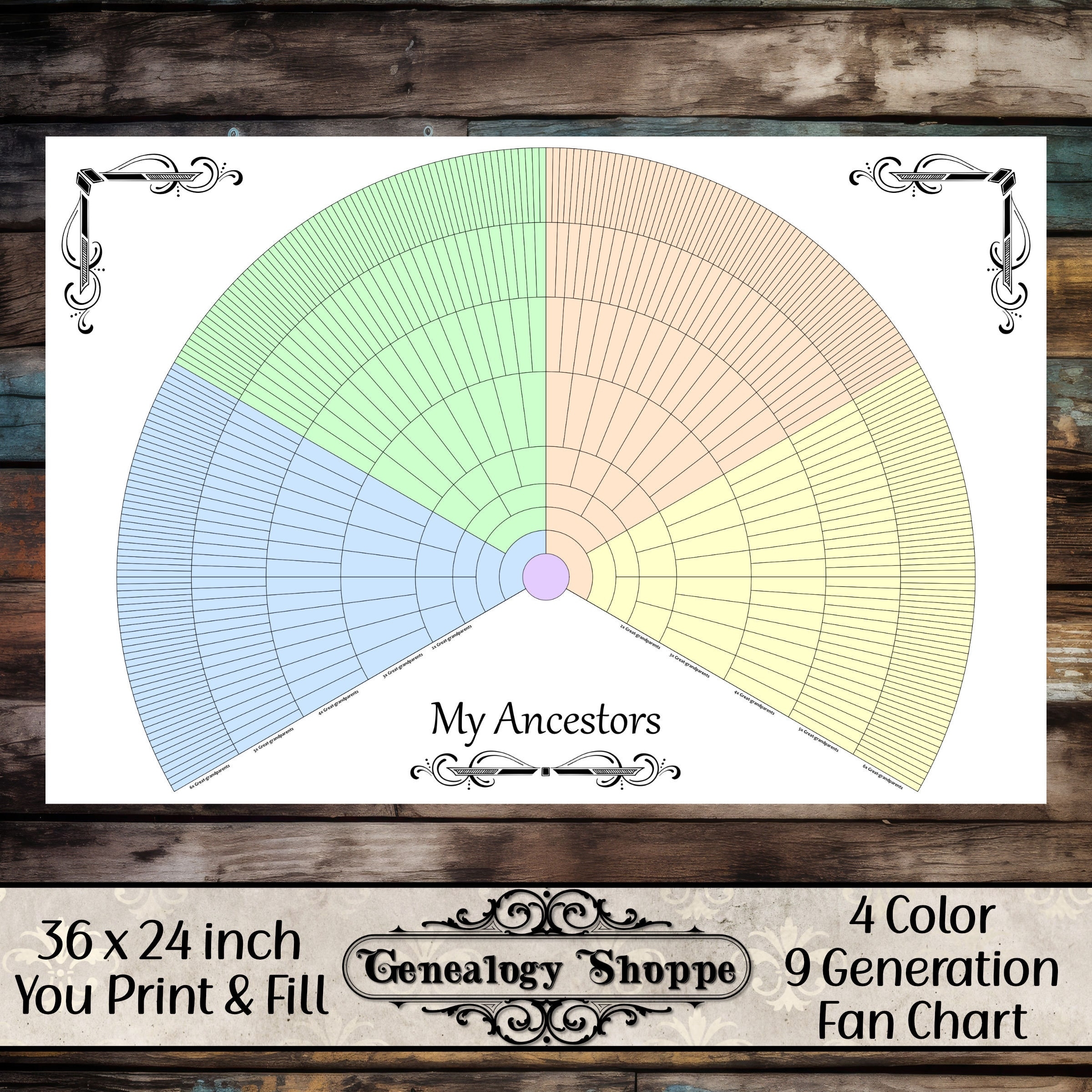 9 Generation Genealogy 4 Color Fan Chart Print U0026 Fill Family Tree 