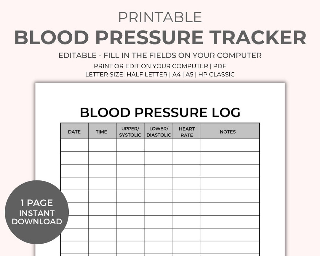 Blood Pressure Chart Printable Instant Download Medical Tracker Editable Blood Pressure Tracker BP Tracker Blood Pressure Log Etsy