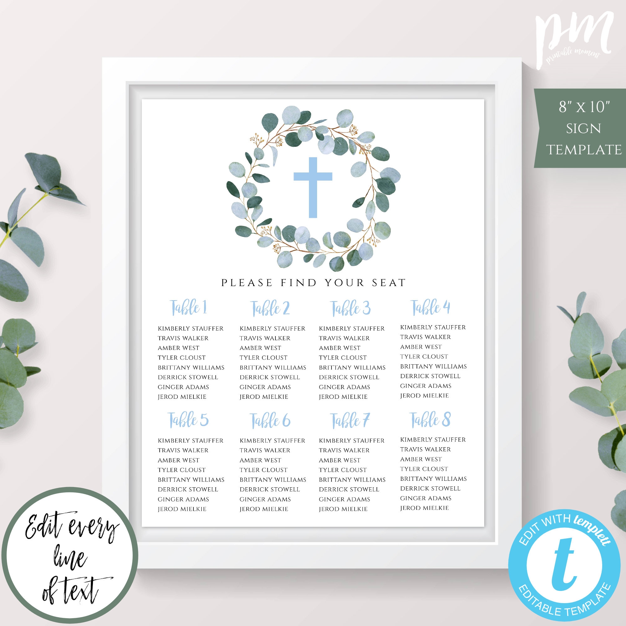Blue Baptism Seating Chart Sign Template 8