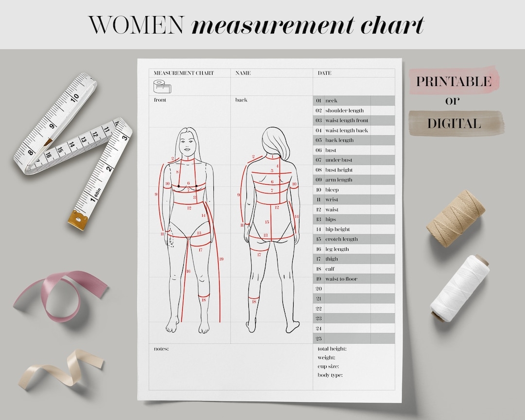 Body Size Chart Printable Digital Women Body Measurement Template Sewing Size Chart Body Measurements Tracker fillable Fashion Measurement Etsy