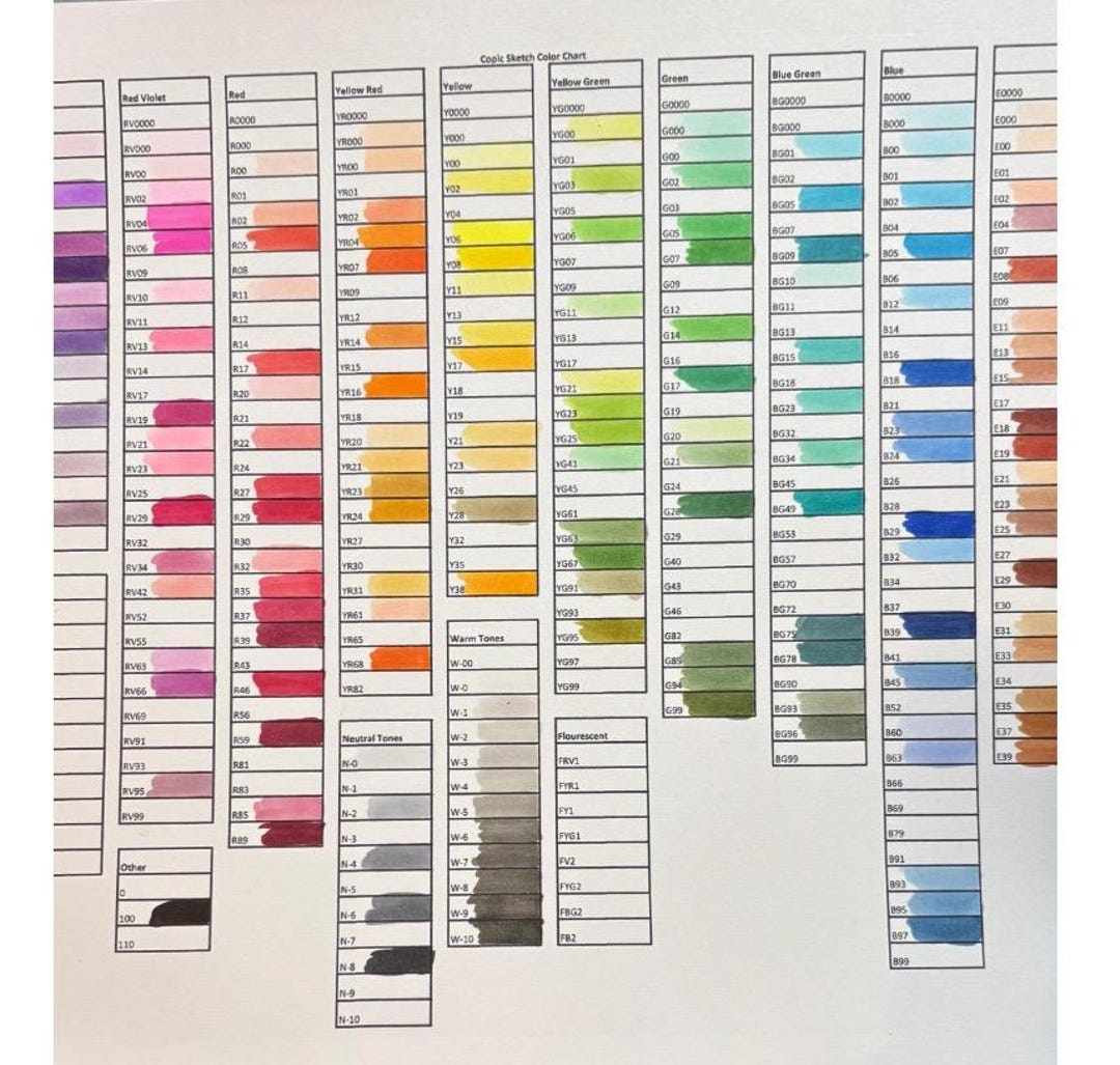 Copic Sketch Marker Swatch Chart Printable Color Organizer digital 8 5x11 PDF Download Etsy