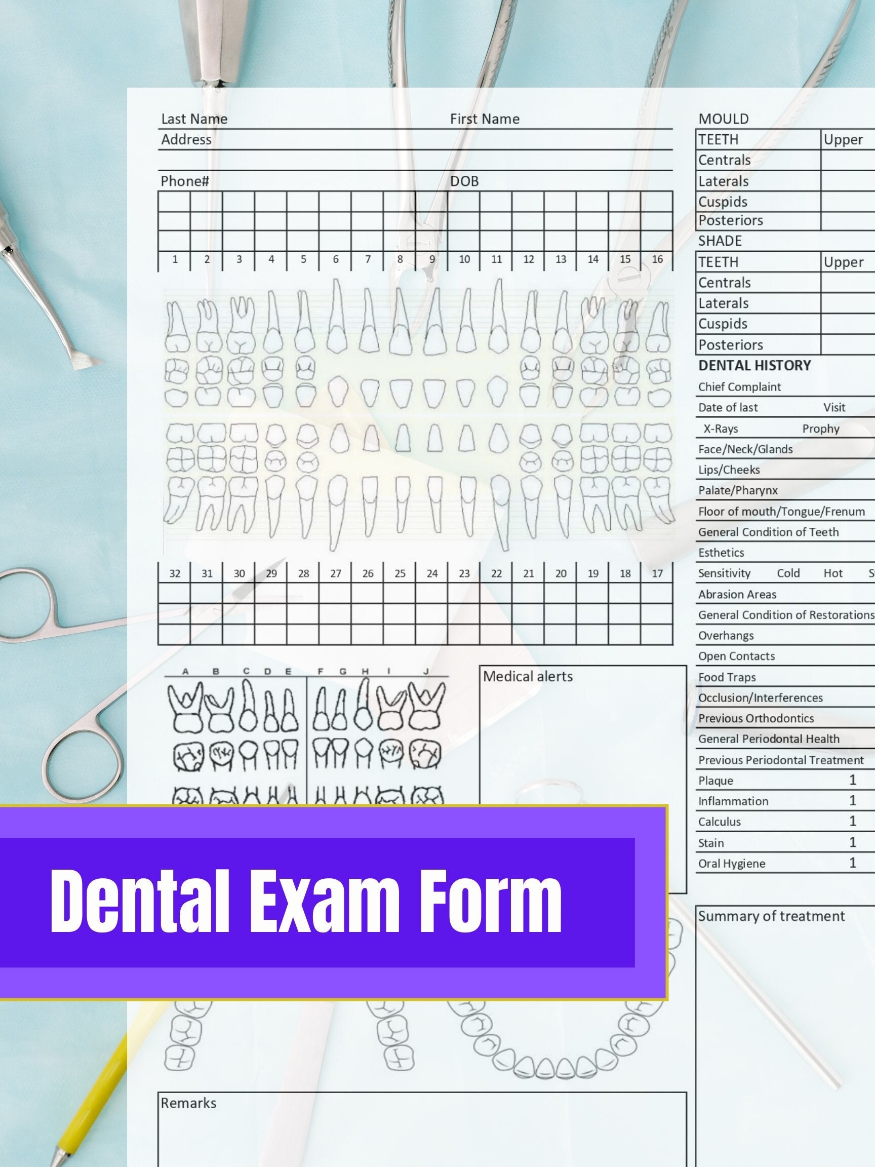 Dental Exam Form Template Dental Record Editable Instant Digital Download Ready To Use Excel U0026 PDF Dental Chart Office Form Etsy UK