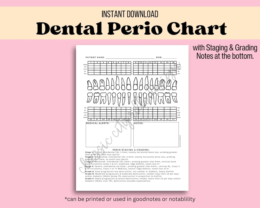 Dental Periodontal Chart With Grading And Staging Available As An Instant Digital Download For Dental Hygienists Can Be Printed Or Digital Etsy