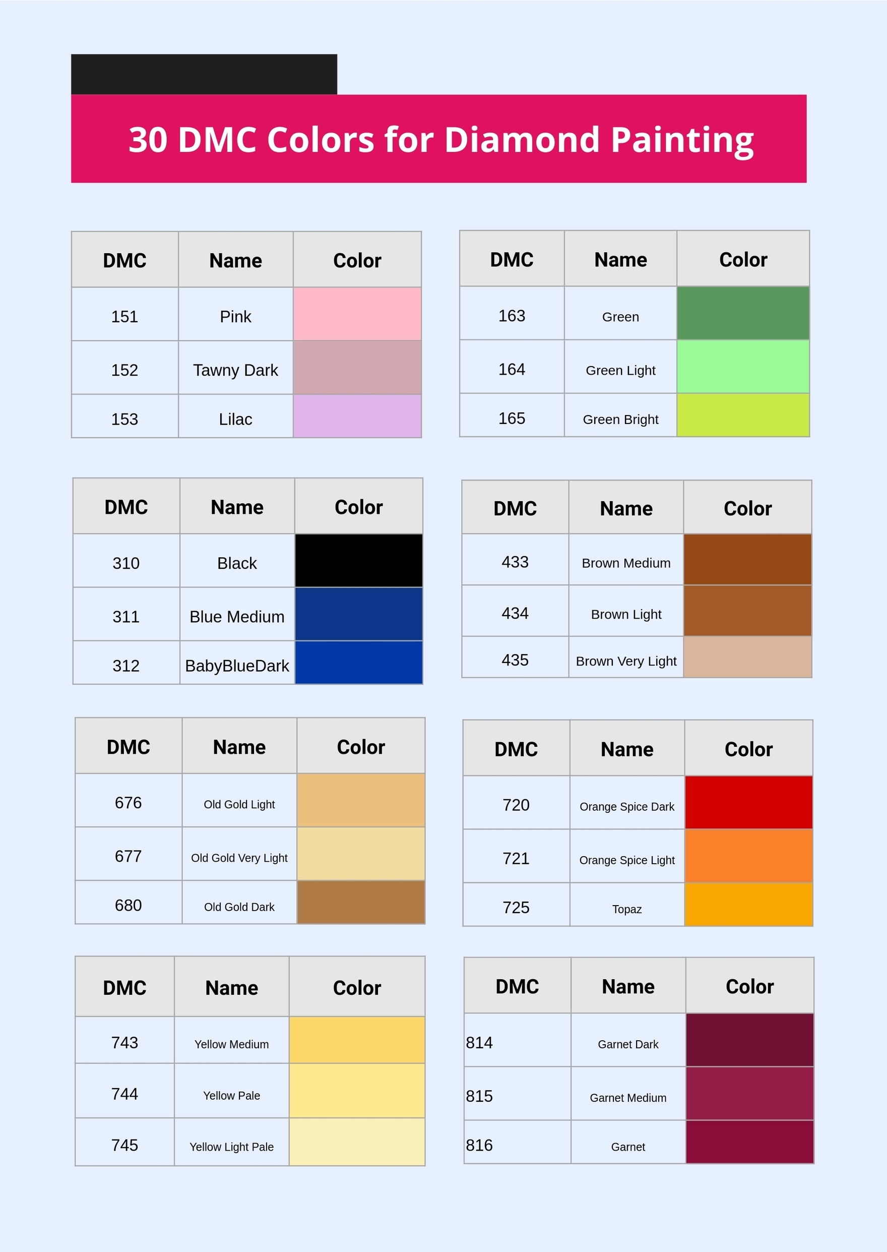 Diamond Painting DMC Color Chart In Illustrator PDF Download Template 