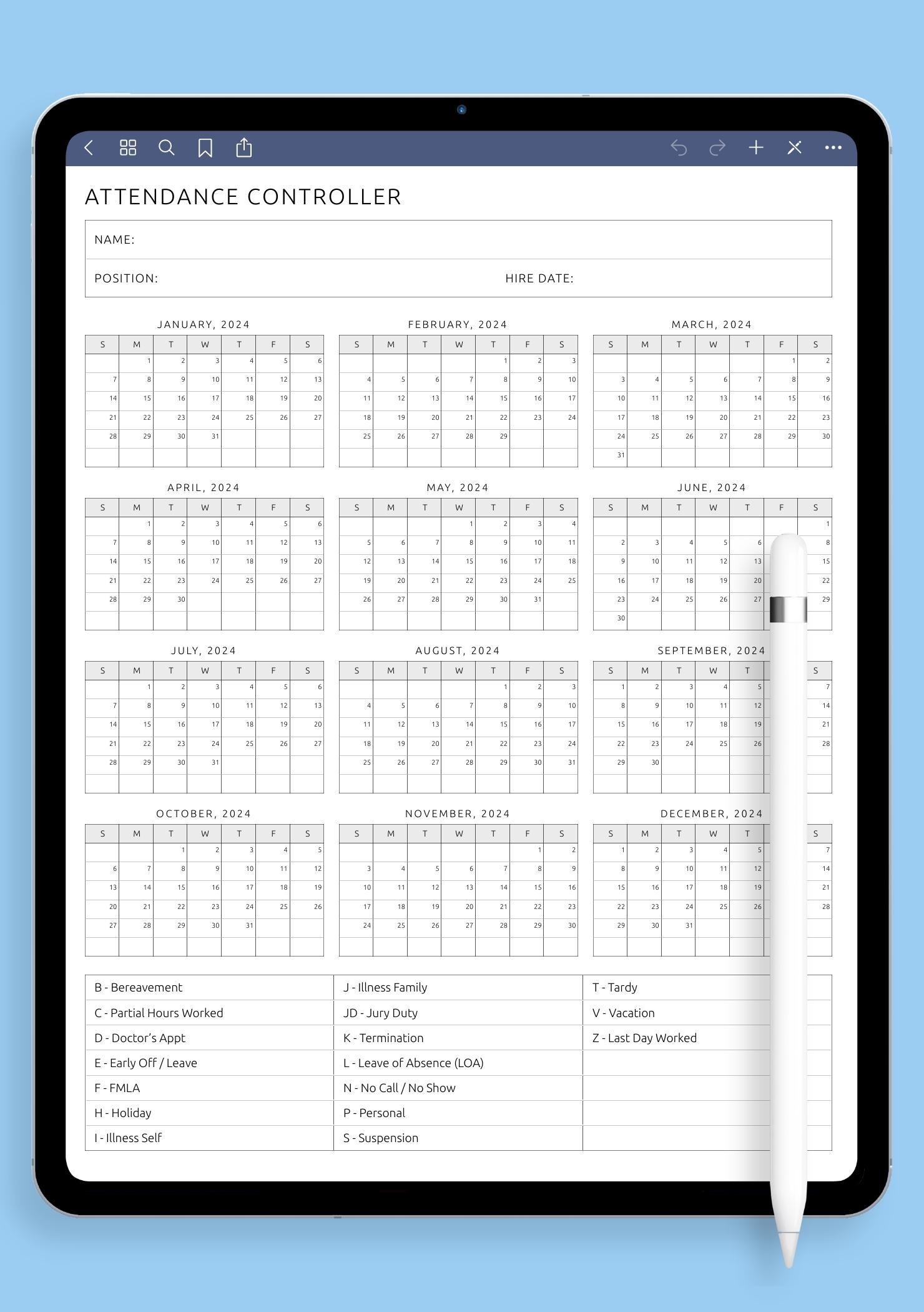 Download Printable Attendance Controller Template PDF
