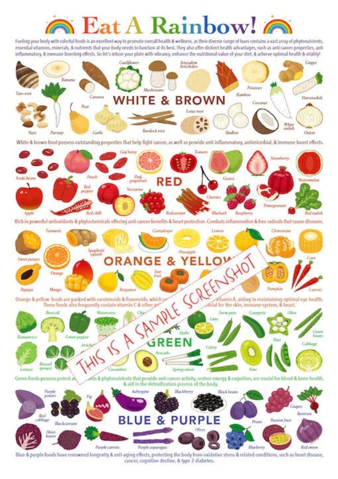 Eat A Rainbow Chart Colorful Foods Reference INSTANT DOWNLOAD 1 Page Pdf at a glance Information Poster For Healthy Eating Education Etsy