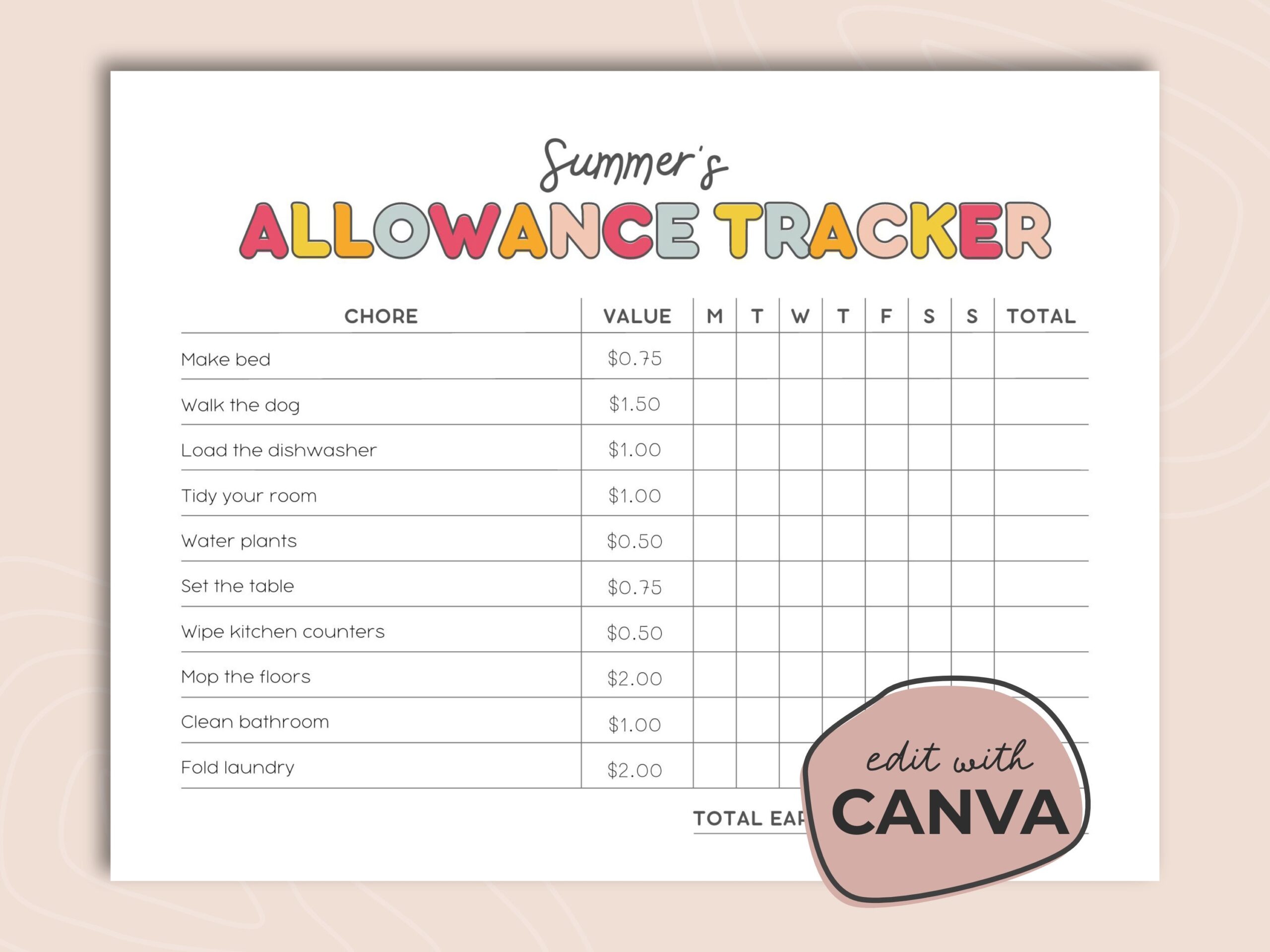 Editable Allowance Tracker Kids Earn Money Chart Daily Weekly 