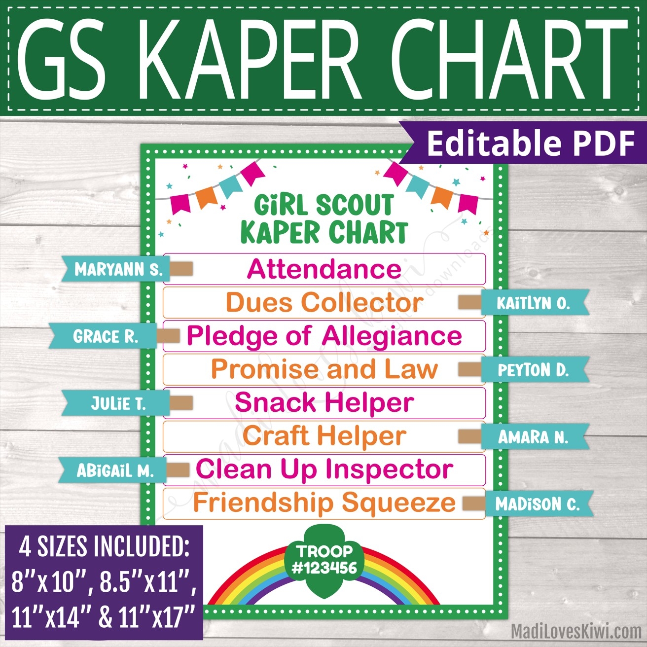 Editable Girl Scout Kaper Chart With Name Label Printable GS Troop Leader Meeting Board Weekly Task Tracker Madi Loves Kiwi Digital Downloads