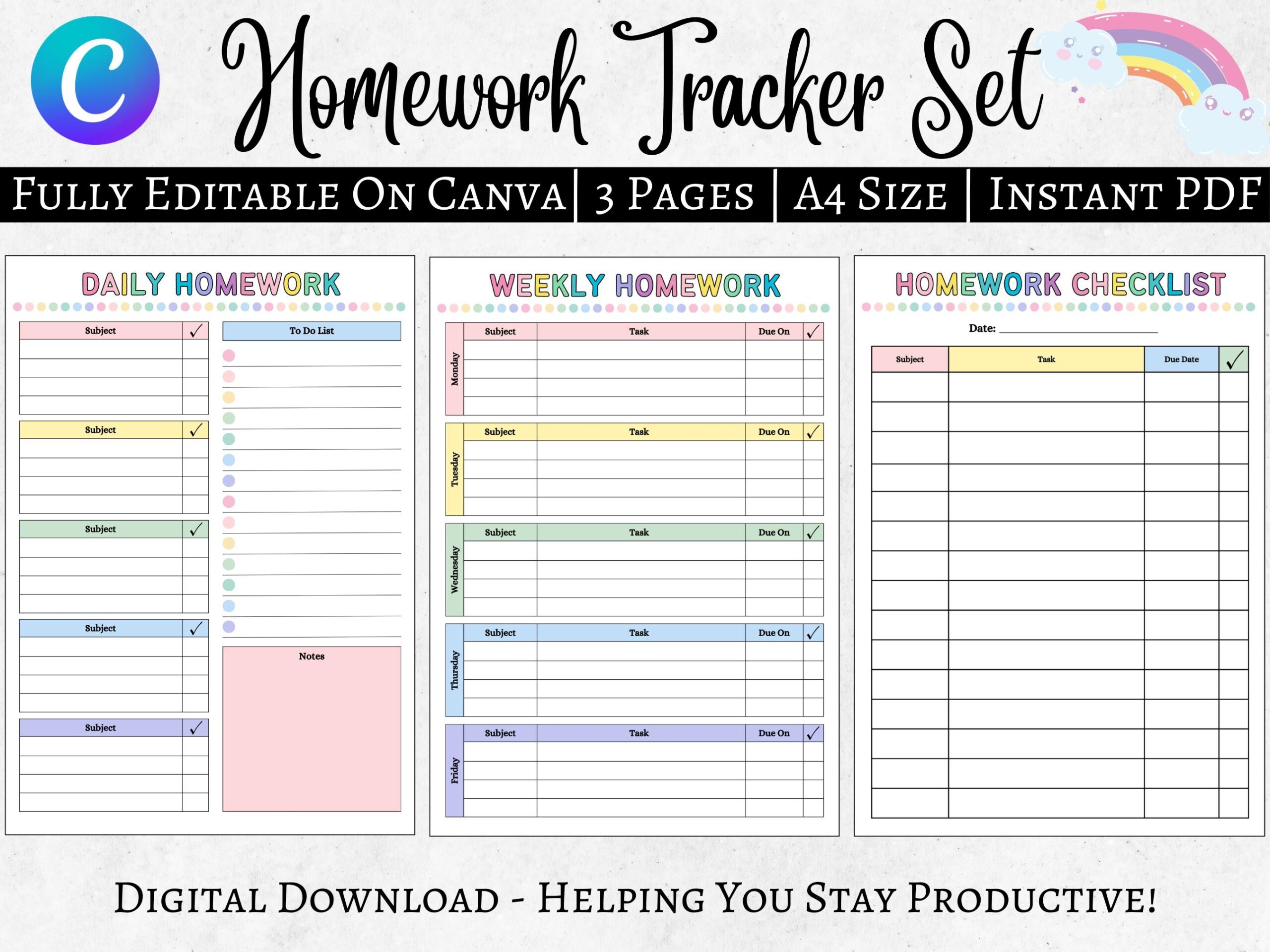 Editable Homework Planner Printable Digital Student Planner 