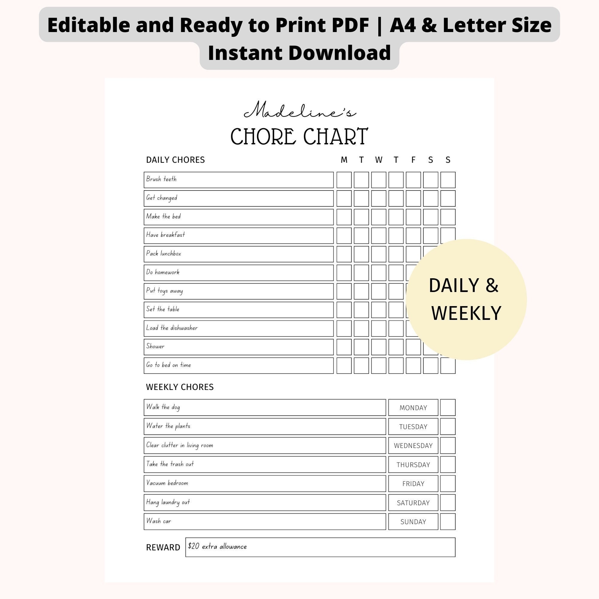 Editable Kids Chore Chart Daily Weekly Reward System printable PDF Etsy Editable Kids Chore Chart Daily Weekly Reward System printable PDF Etsy