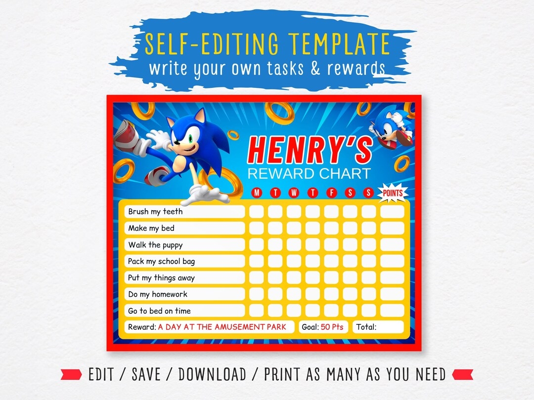 EDITABLE Reward Chart Sonic behavior Reward Chart For Kids sonic The Hedgehog Chore Chart daily Editable Checklist printable Reward Chart Etsy