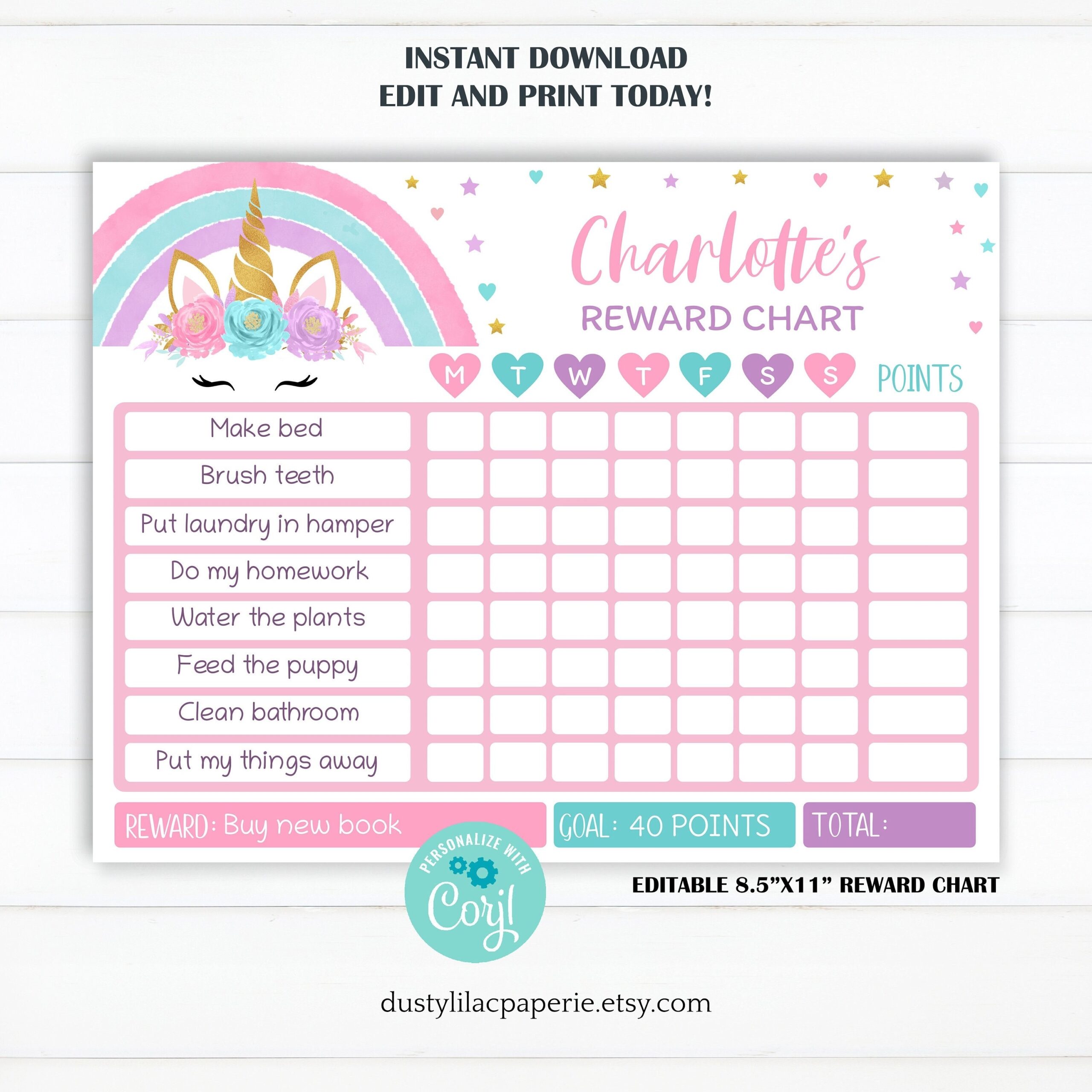 Editable Unicorn Reward Chart Printable Rainbow Unicorn Girl 