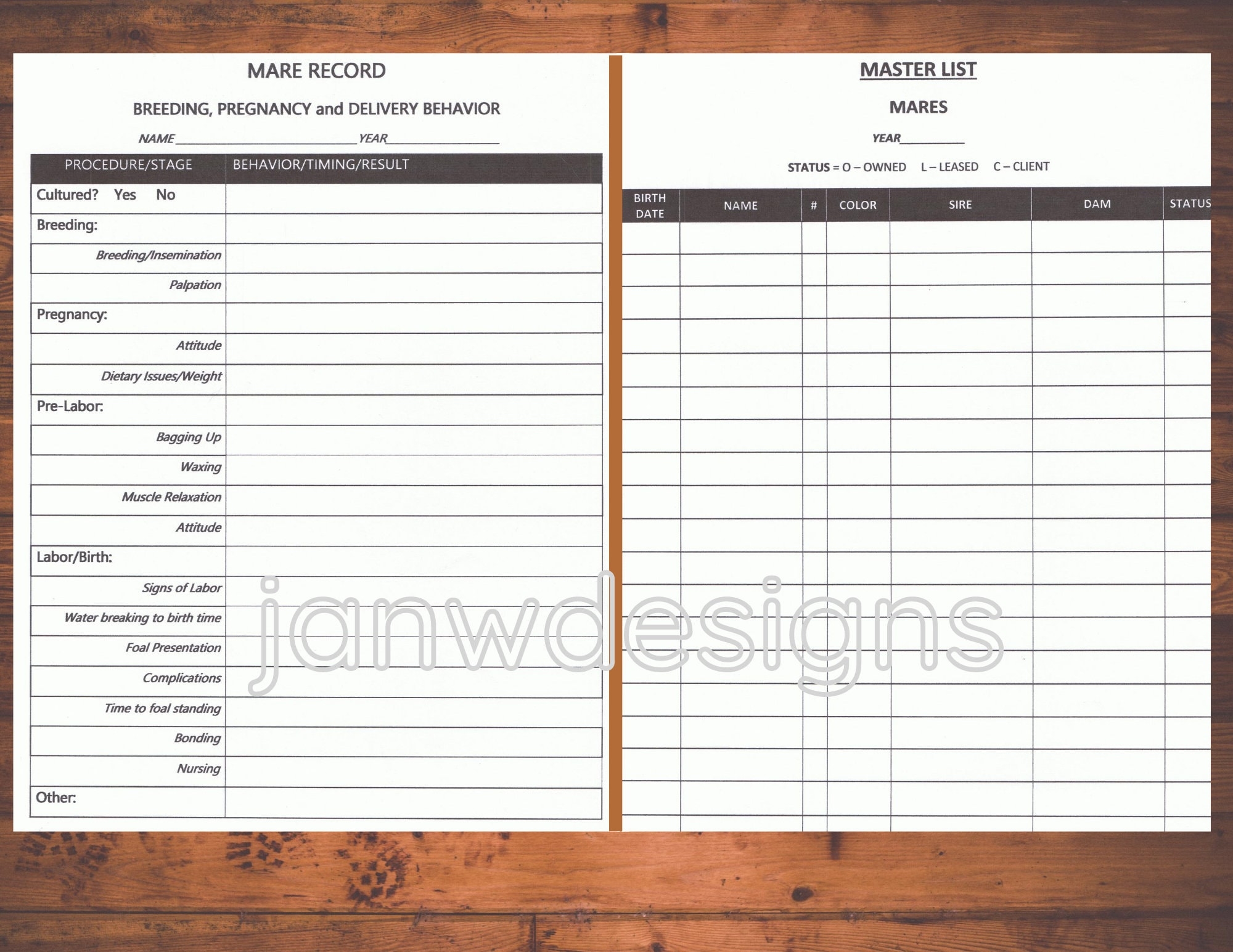 Equine Breeding Journal Horse Record Keeping System letter a4 Etsy