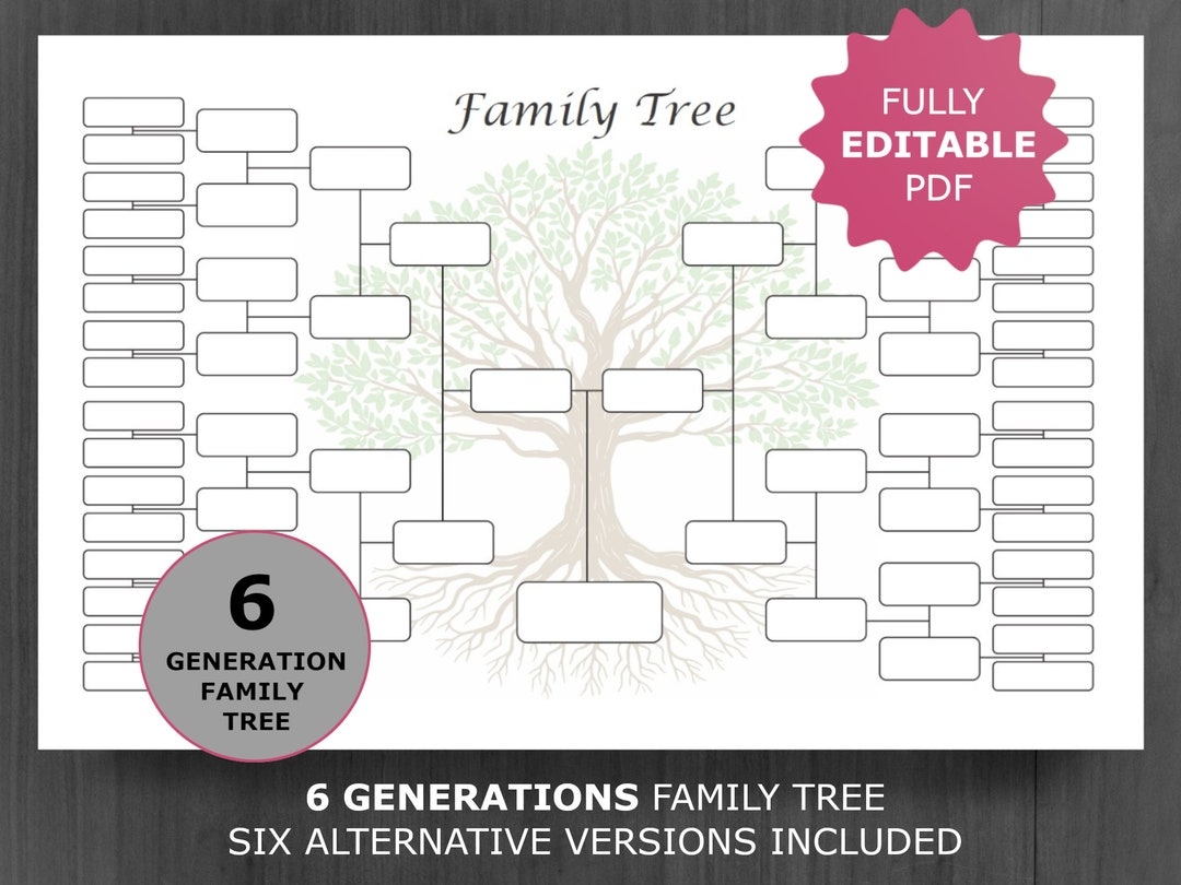Family Tree Chart 6 Generations Printable And Editable Family Tree Template Digital Ancestor pedigree Chart Ancestral Genealogy Template Etsy