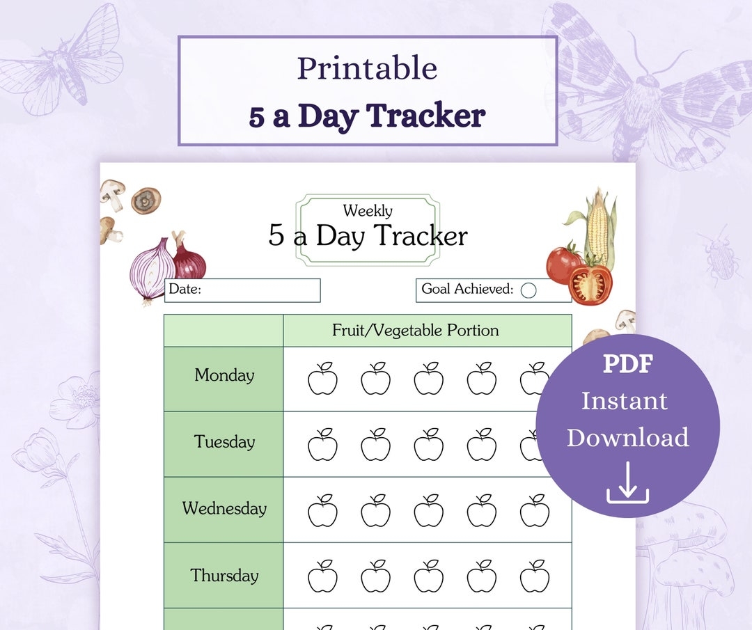 Five A Day Tracker Printable PDF Nutrition Chart Wellness Journal Healthy Eating Tracker Nutrition Planner Etsy