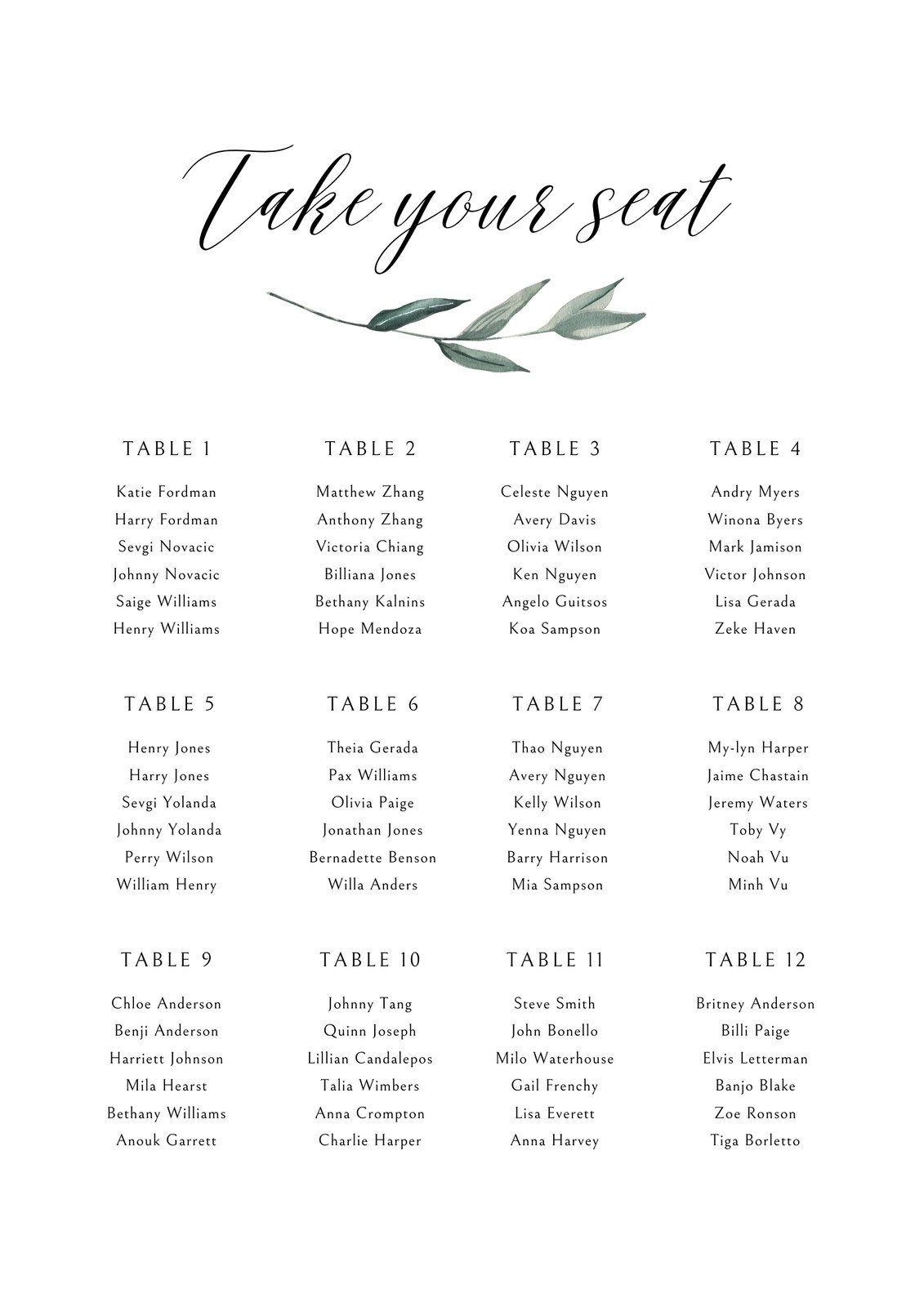 Free Custom Printable Wedding Seating Chart Templates Canva