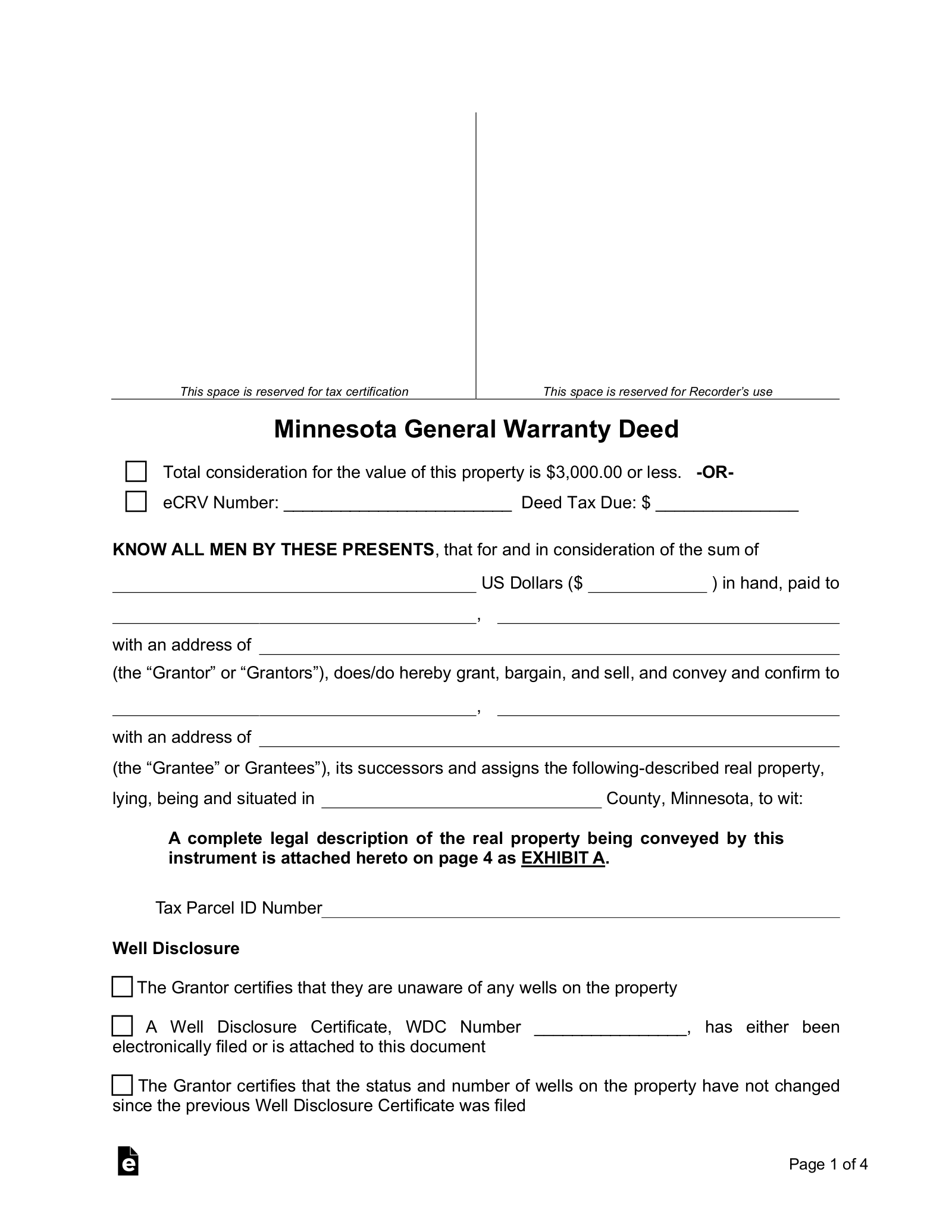 Free Minnesota General Warranty Deed Form PDF Word EForms