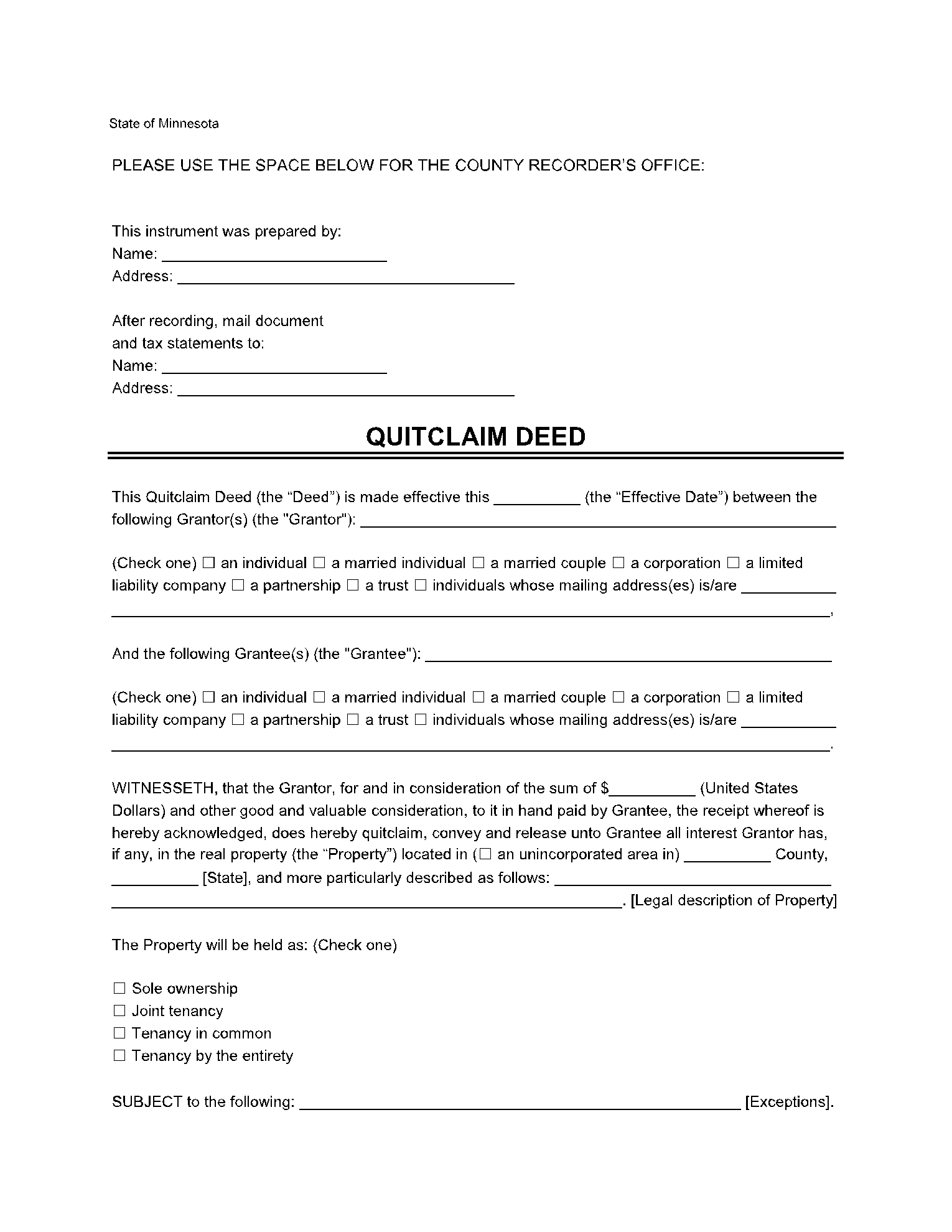 Free Minnesota Quit Claim Deed Form 2021 CocoSign