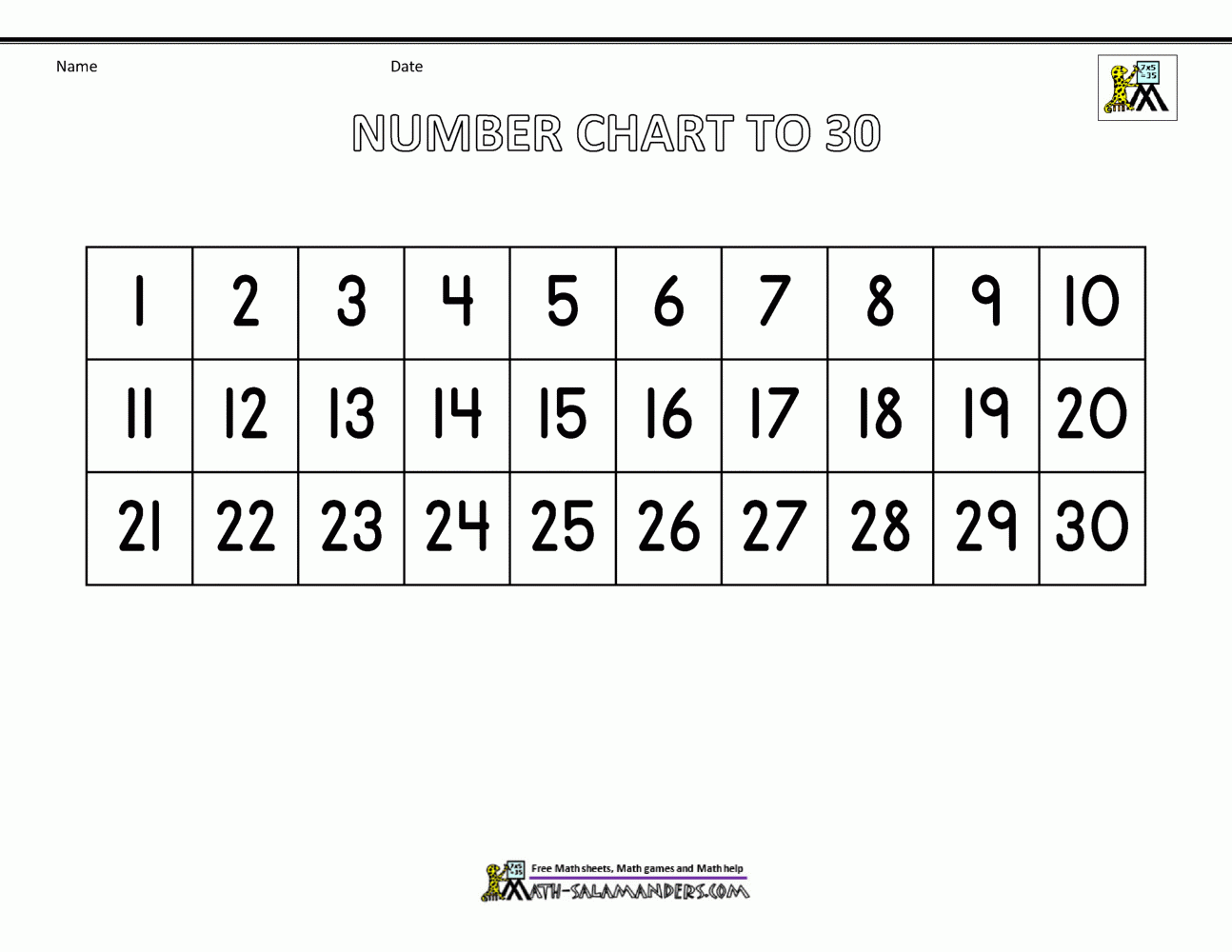 Free Number Chart 1 30 Free Number Chart 1 30