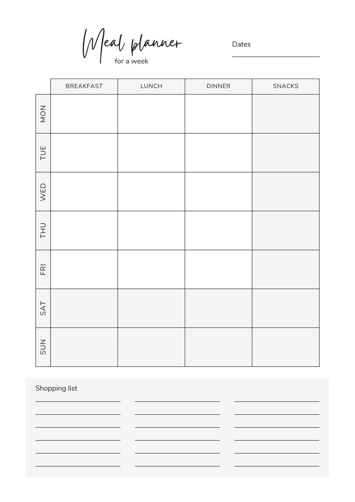 Printable Weekly Food Chart