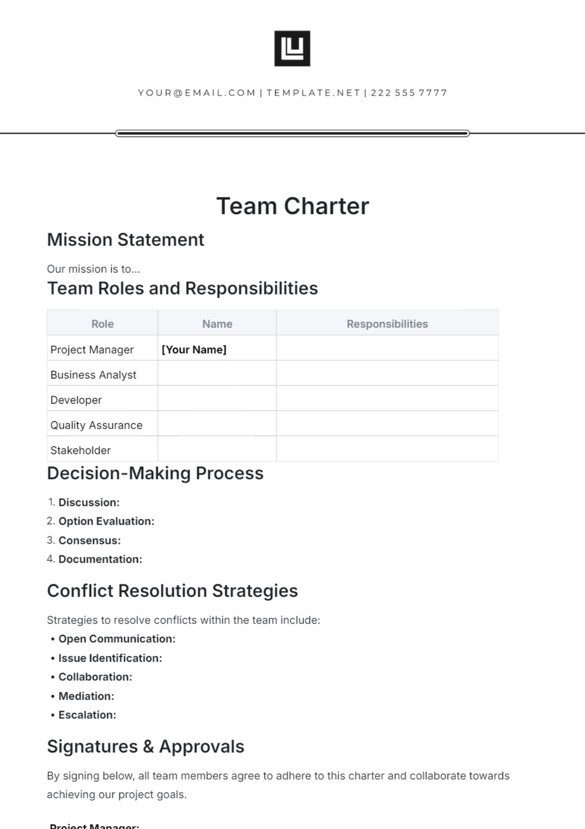 Free Team Charter Template Free Team Charter Template