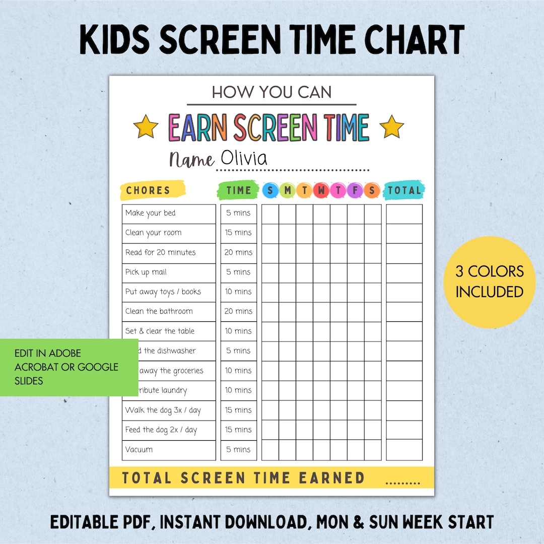 Kids Screen Time Checklist Editable Chore Chart PDF PPTX Etsy Israel Kids Screen Time Checklist Editable Chore Chart PDF PPTX Etsy Israel