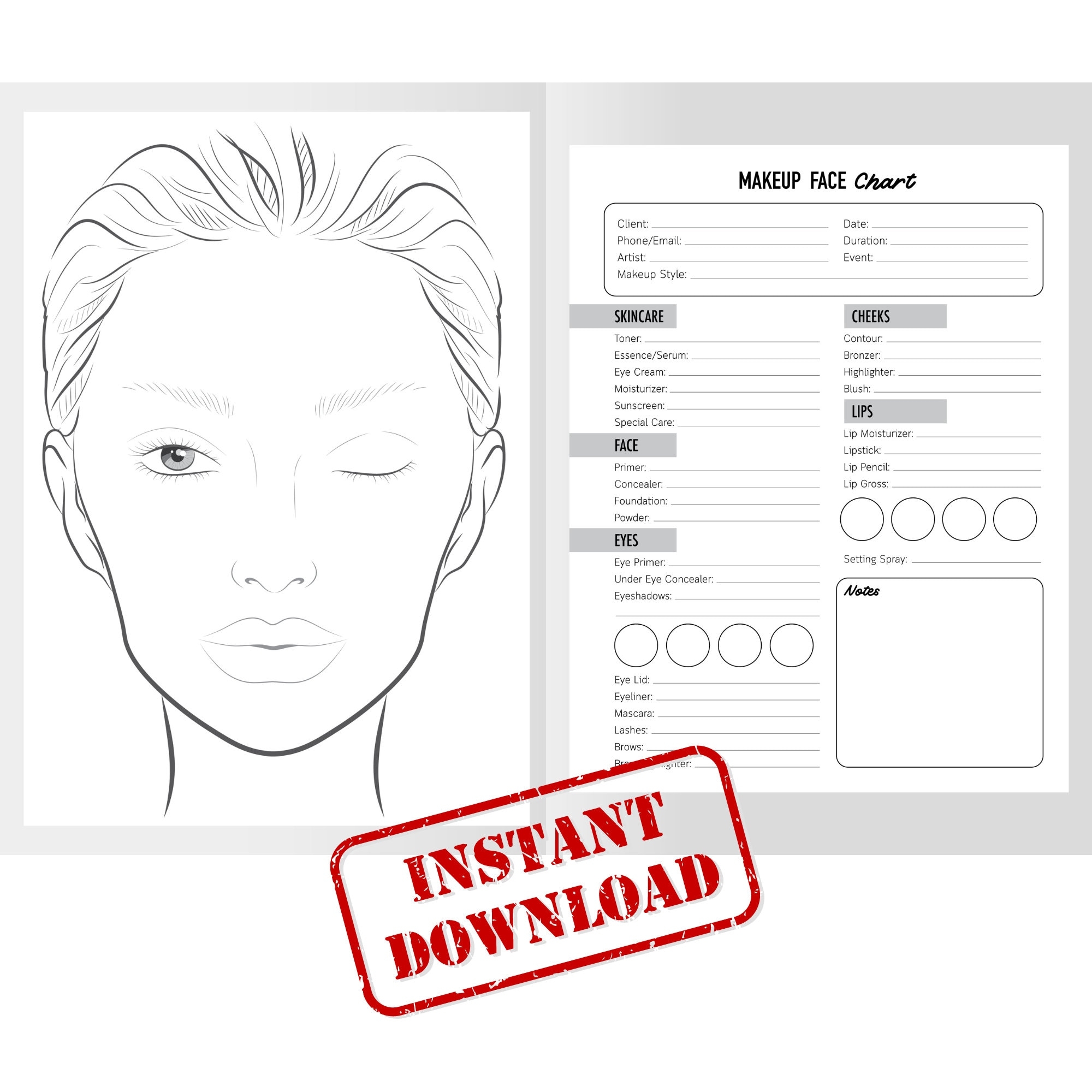 Makeup Face Chart instant Download printable Templates Makeup Practice Sheet makeup Client Sheet Log makeup Face Chart Logbook For Clients Etsy
