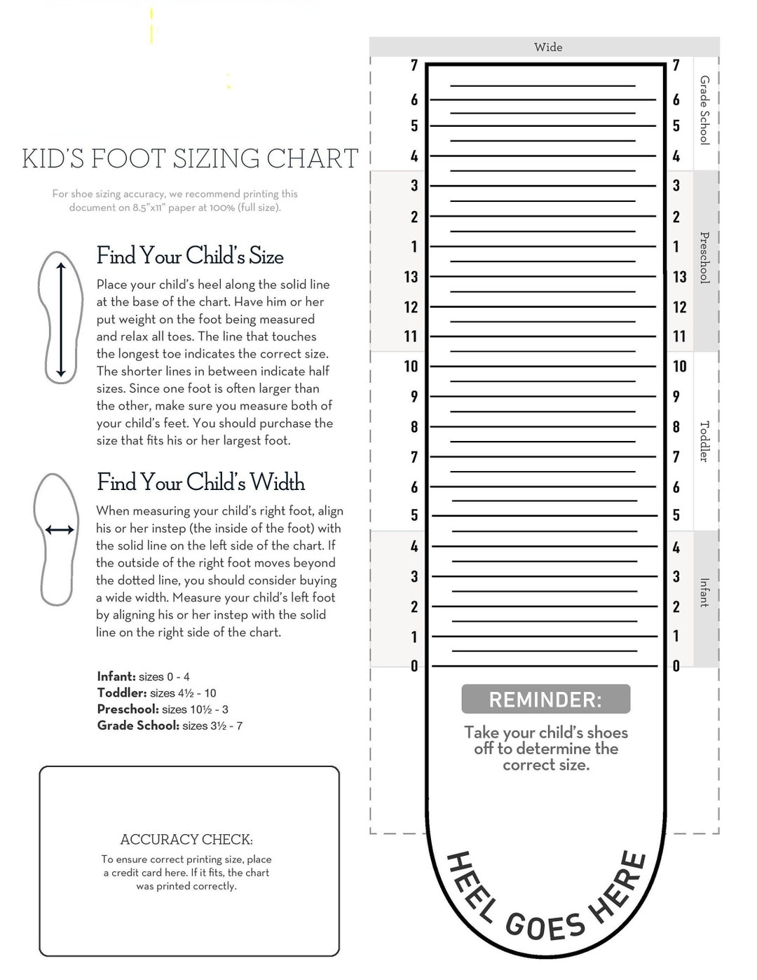 Printable Kids Shoe Size Chart Keds