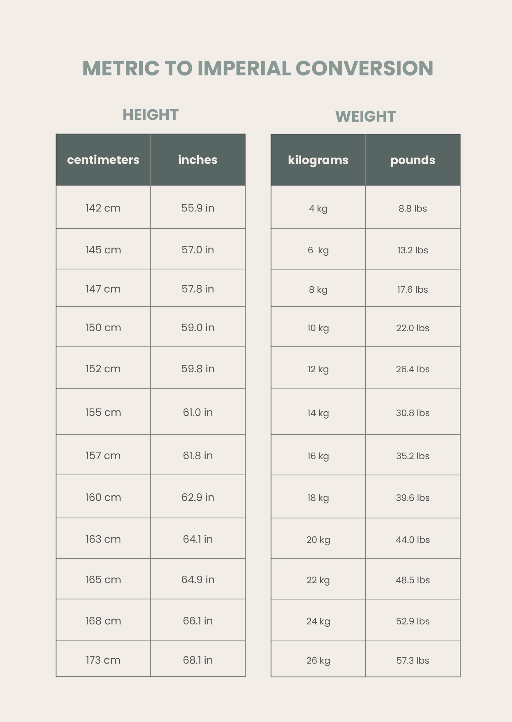 Metric Height And Weight Conversion Chart In Illustrator PDF Download Template