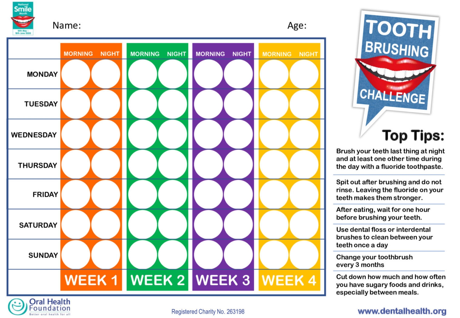 National Smile Month 2020 FREE Tooth Brushing Chart For Kids And Children