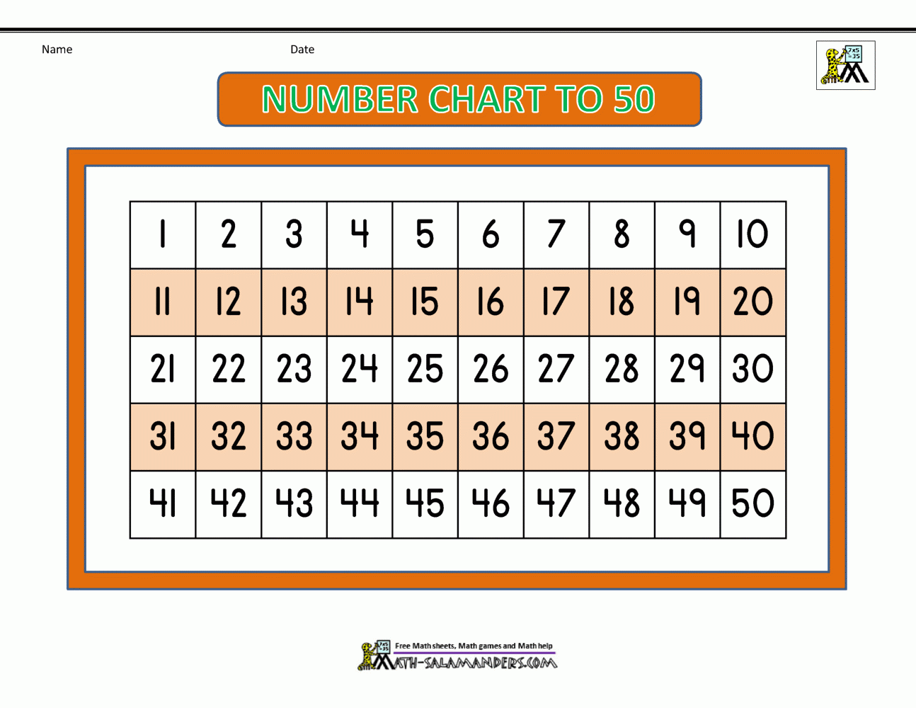 Number Chart To 50