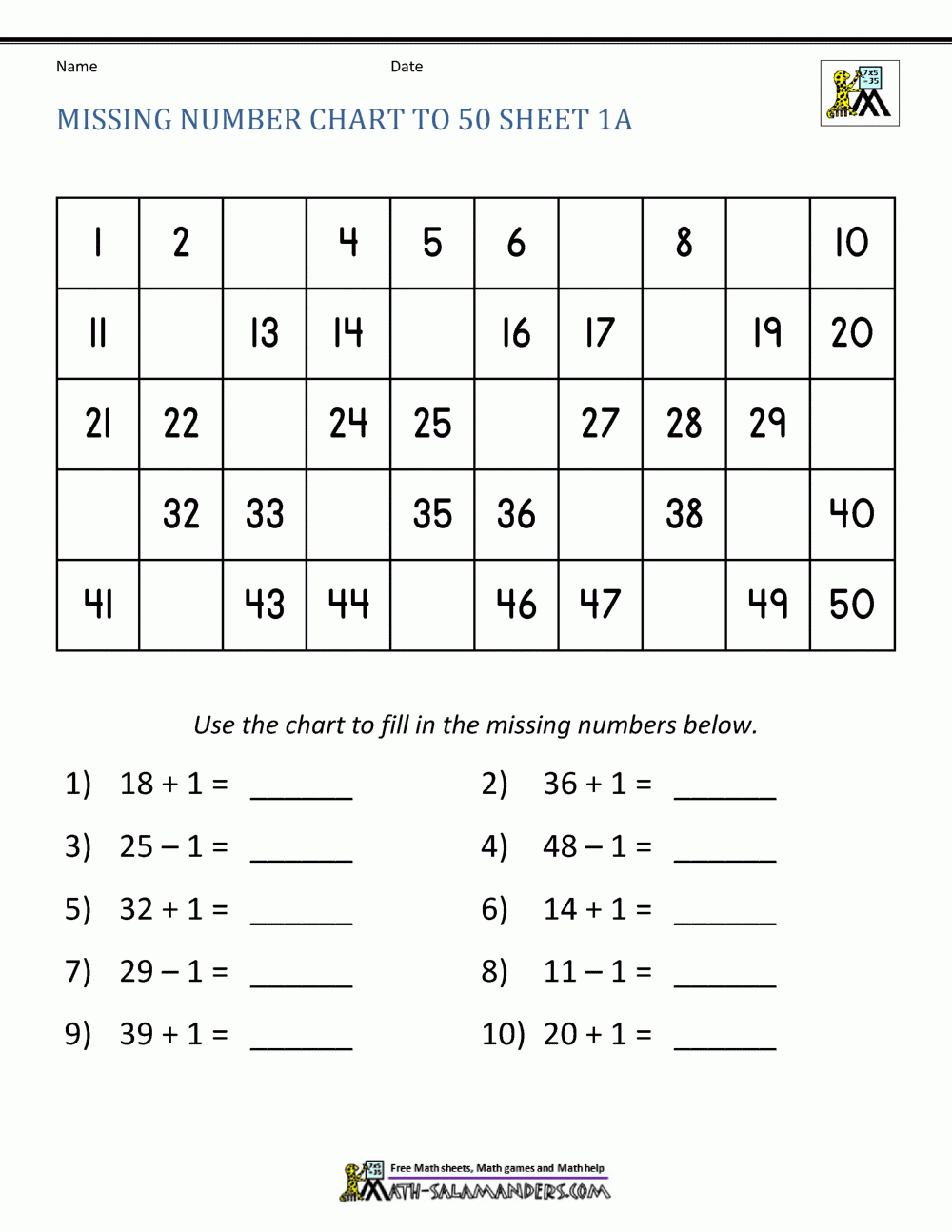 Number Chart To 50