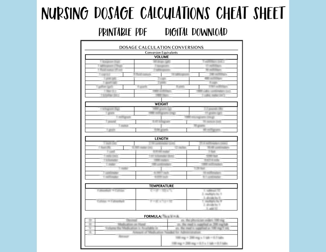 Nursing Pharmacology Cheat Sheet Dosage Calculations Conversions PDF Etsy