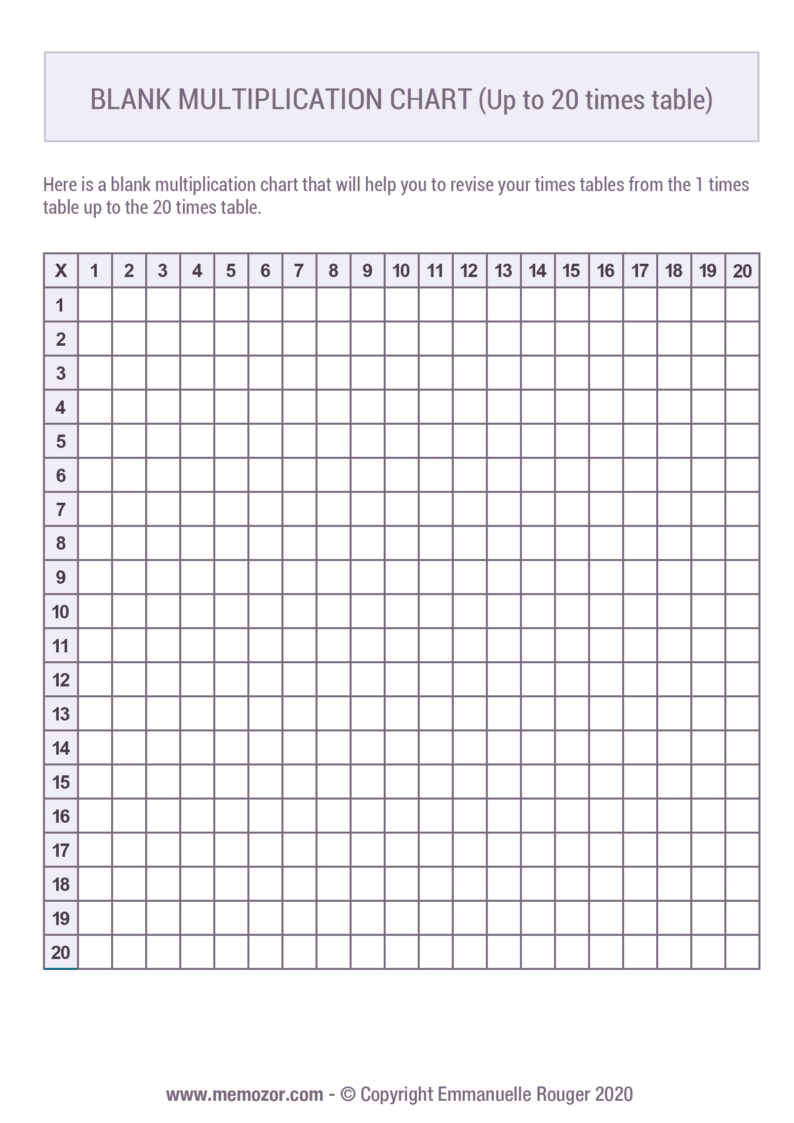 Printable Blank Multiplication Chart 1 20 Free Memozor Printable Blank Multiplication Chart 1 20 Free Memozor