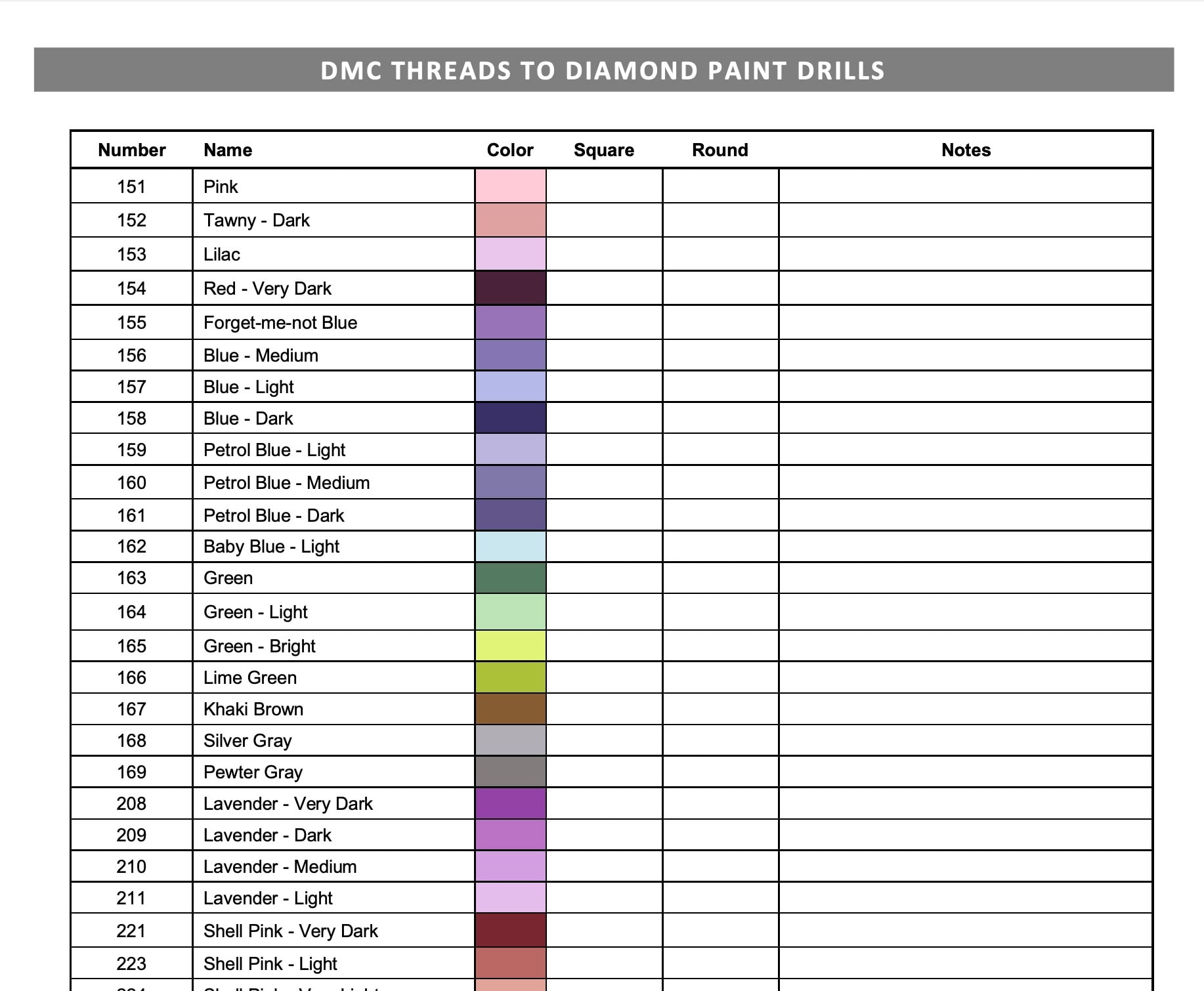 Printable Diamond Painting DMC Color Chart Tracker Inventory Sheet PDF Download Etsy