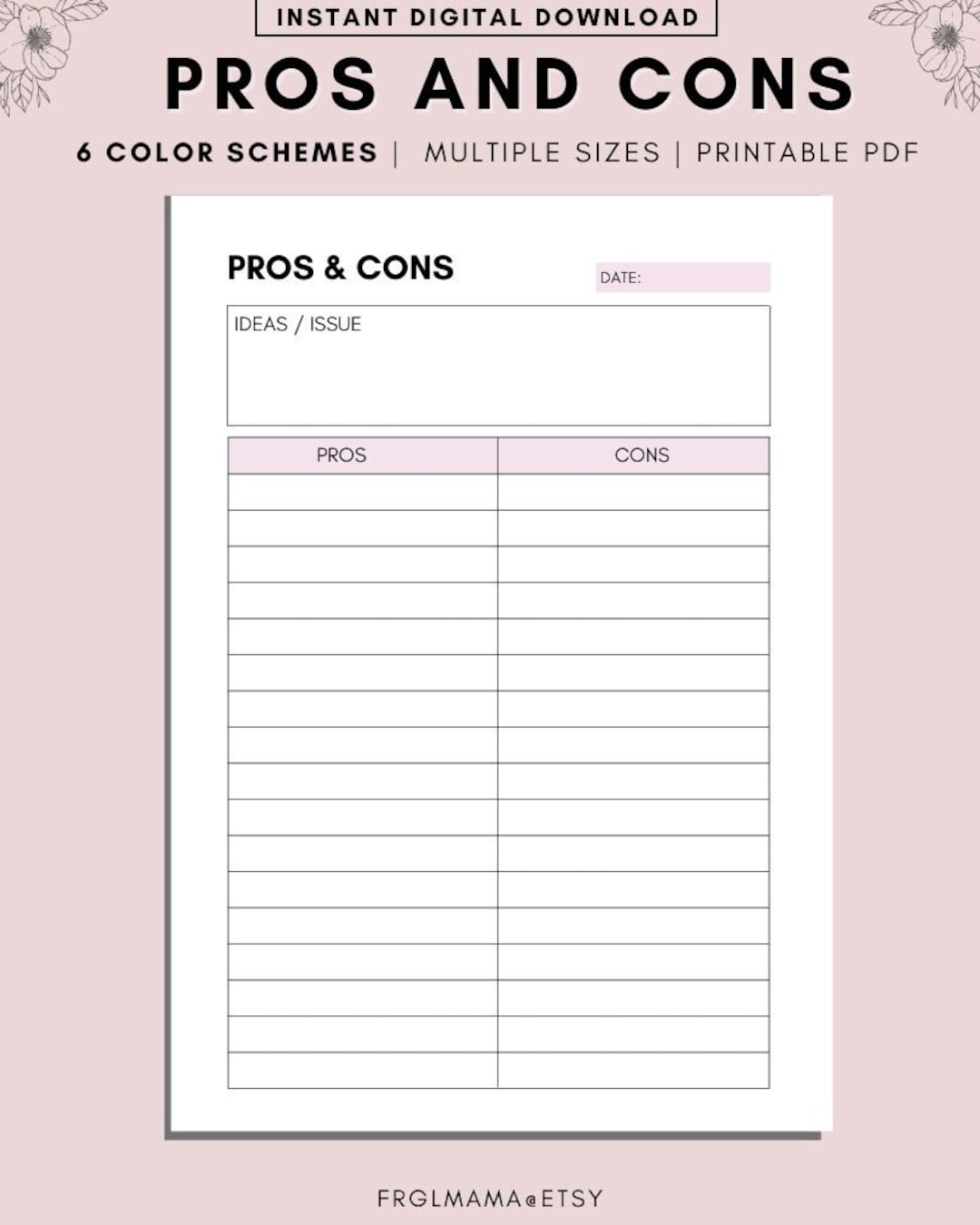 Printable Pros And Cons List Instant Download Print At Home Planner Pages Life Organizer Templates Pro And Con Print Template A4 A5 PDF Etsy Australia