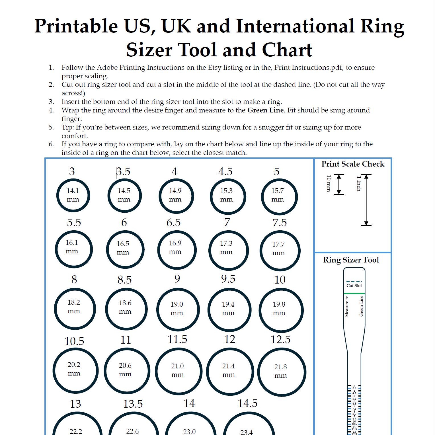 Printable Ring Sizer Tool US UK International Size Chart PDF Download Etsy