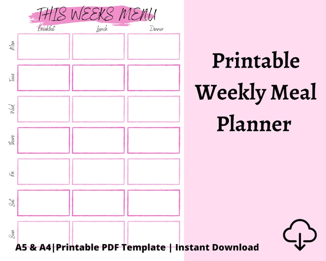 Printable Weekly Meal Planner Template Instant Download PDF Pink Weekly Menu Planner Dinner Planner A4 A5 Etsy
