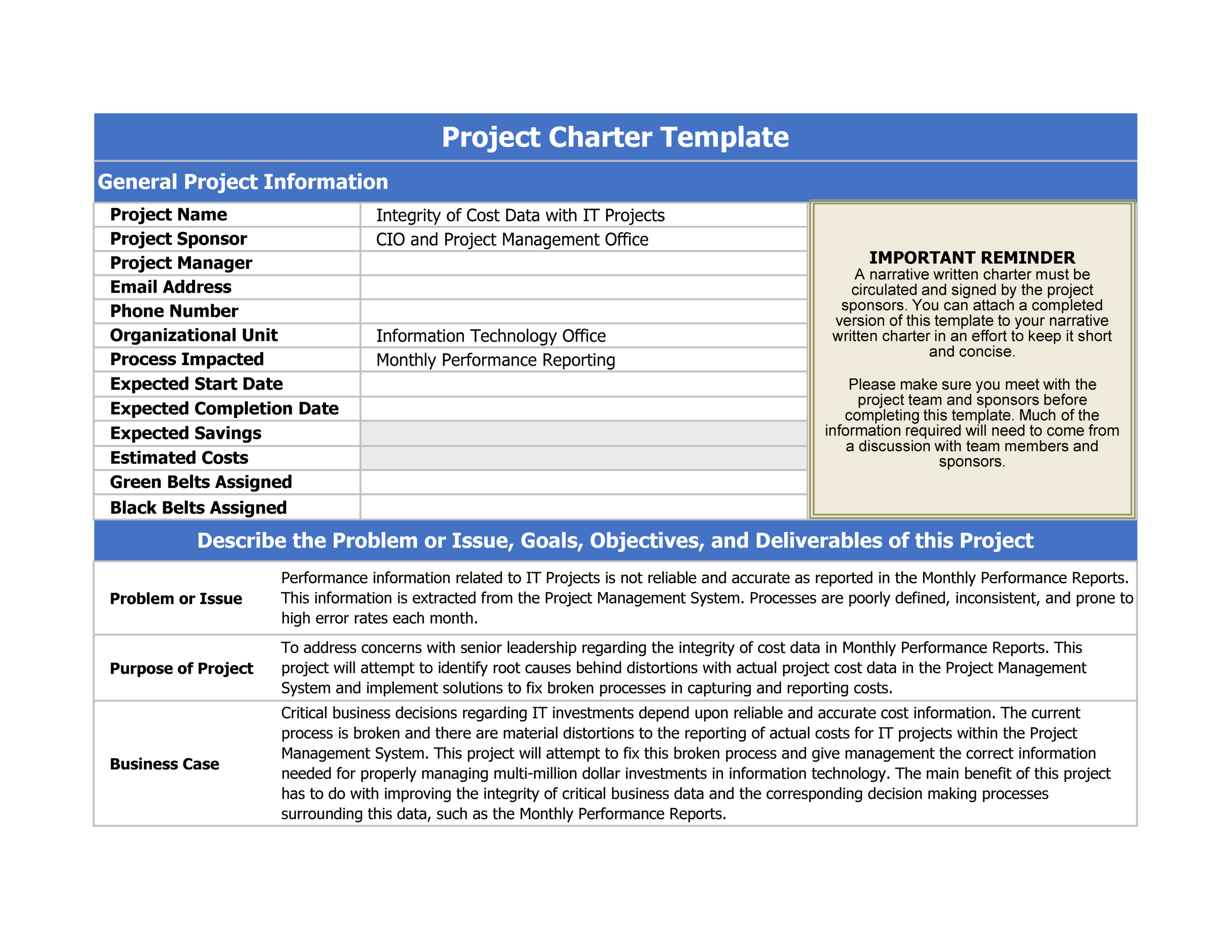 Project Charter Template Xls