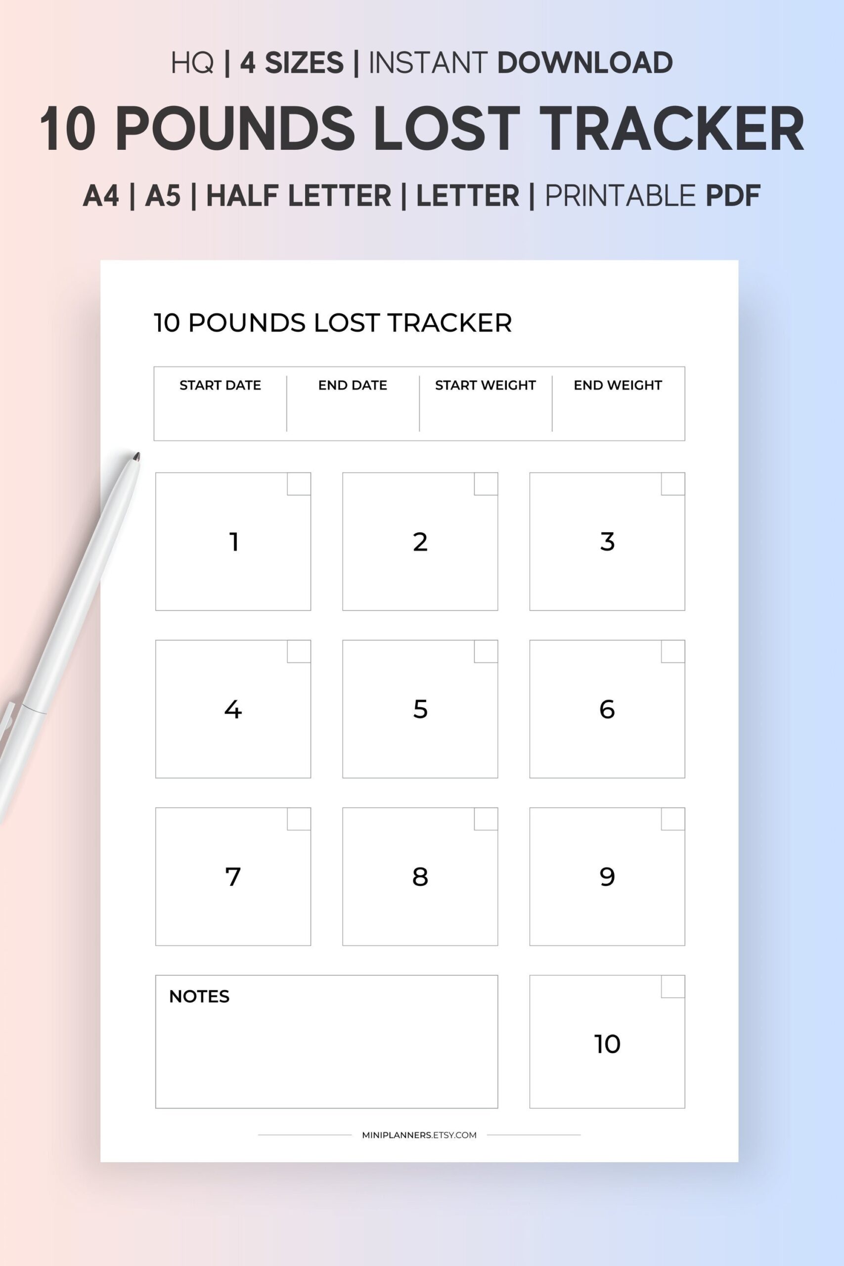 10 Pounds Lost Tracker Printable Weight Loss Goal PDF Etsy