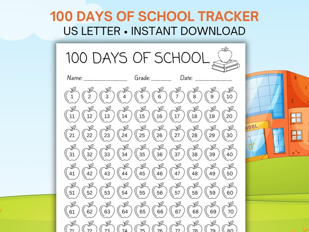 100 Days Of School Printable Tracker 100th Day Of School Countdown Color And Count Page Back To School Coloring Learn To Count Apples Etsy